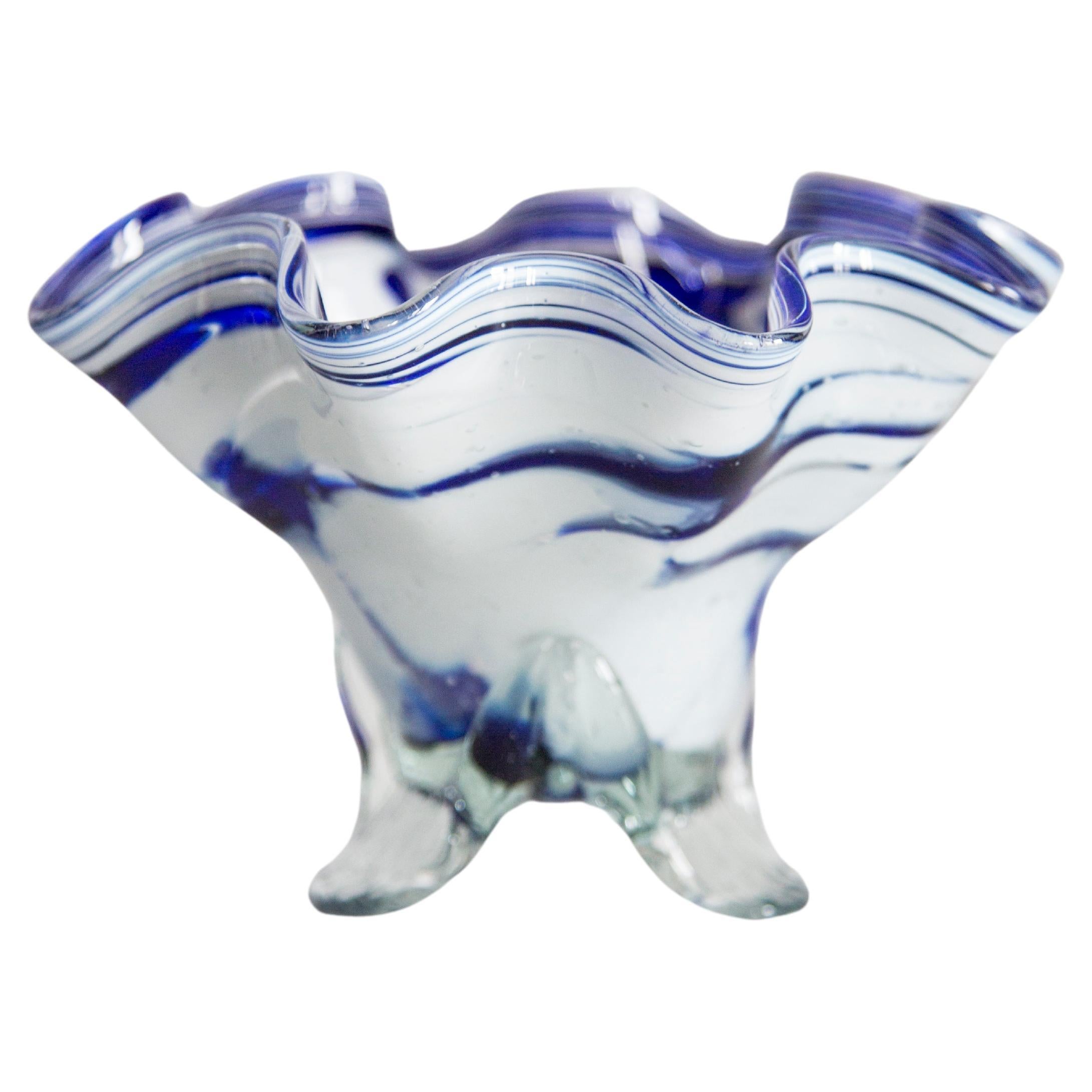 Mid Century Vintage Artistic Glass White and Blue Vase Bowl, Europe, 1970s
