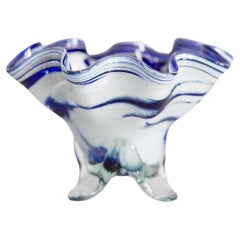 Mid Century Retro Artistic Glass White and Blue Vase Bowl, Europe, 1970s