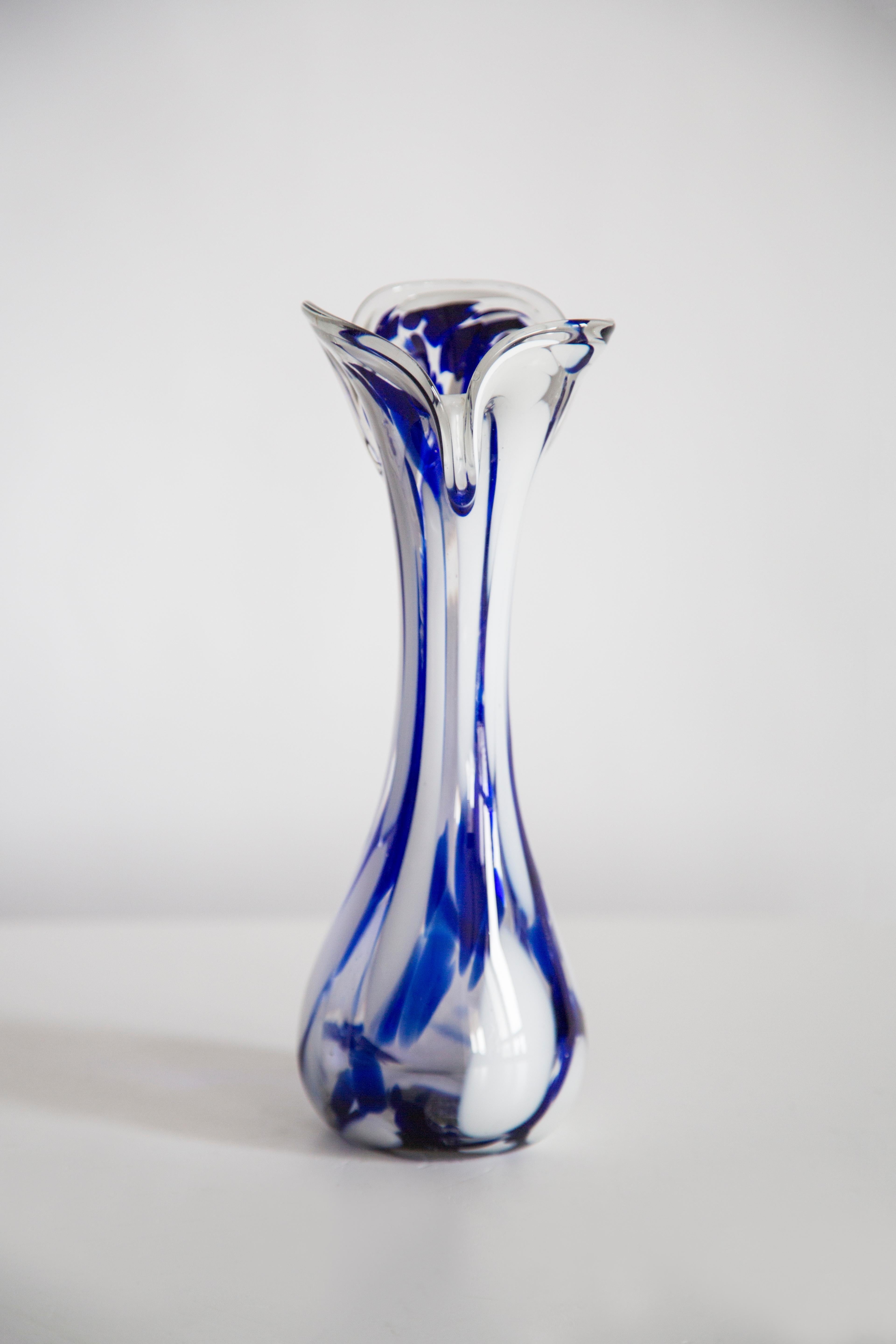 Polish Mid Century Vintage Artistic Glass White and Blue Vase, Europe, 1970s For Sale
