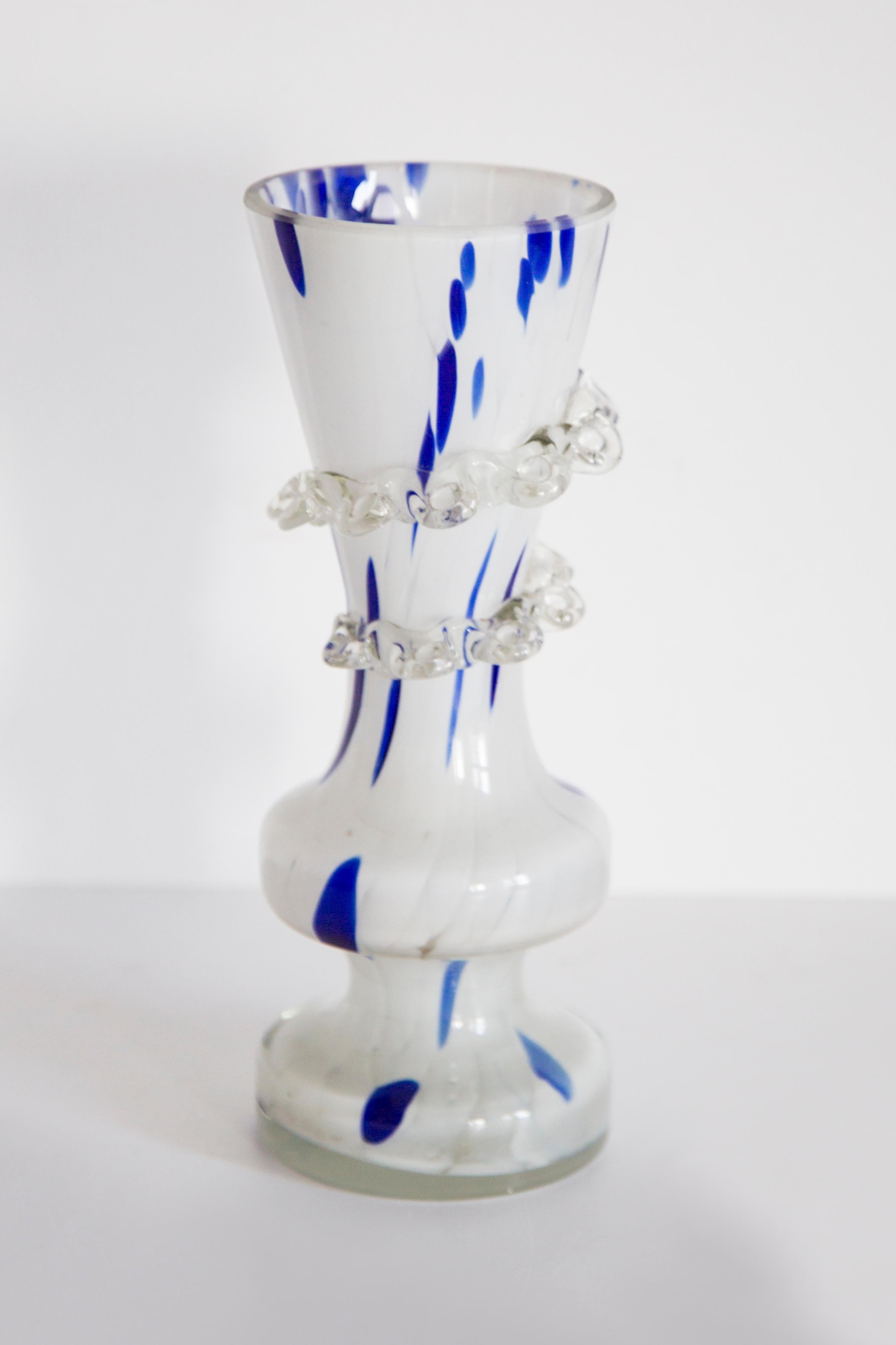 Polish Mid Century Vintage Artistic Glass White and Blue Vase, Europe, 1970s For Sale