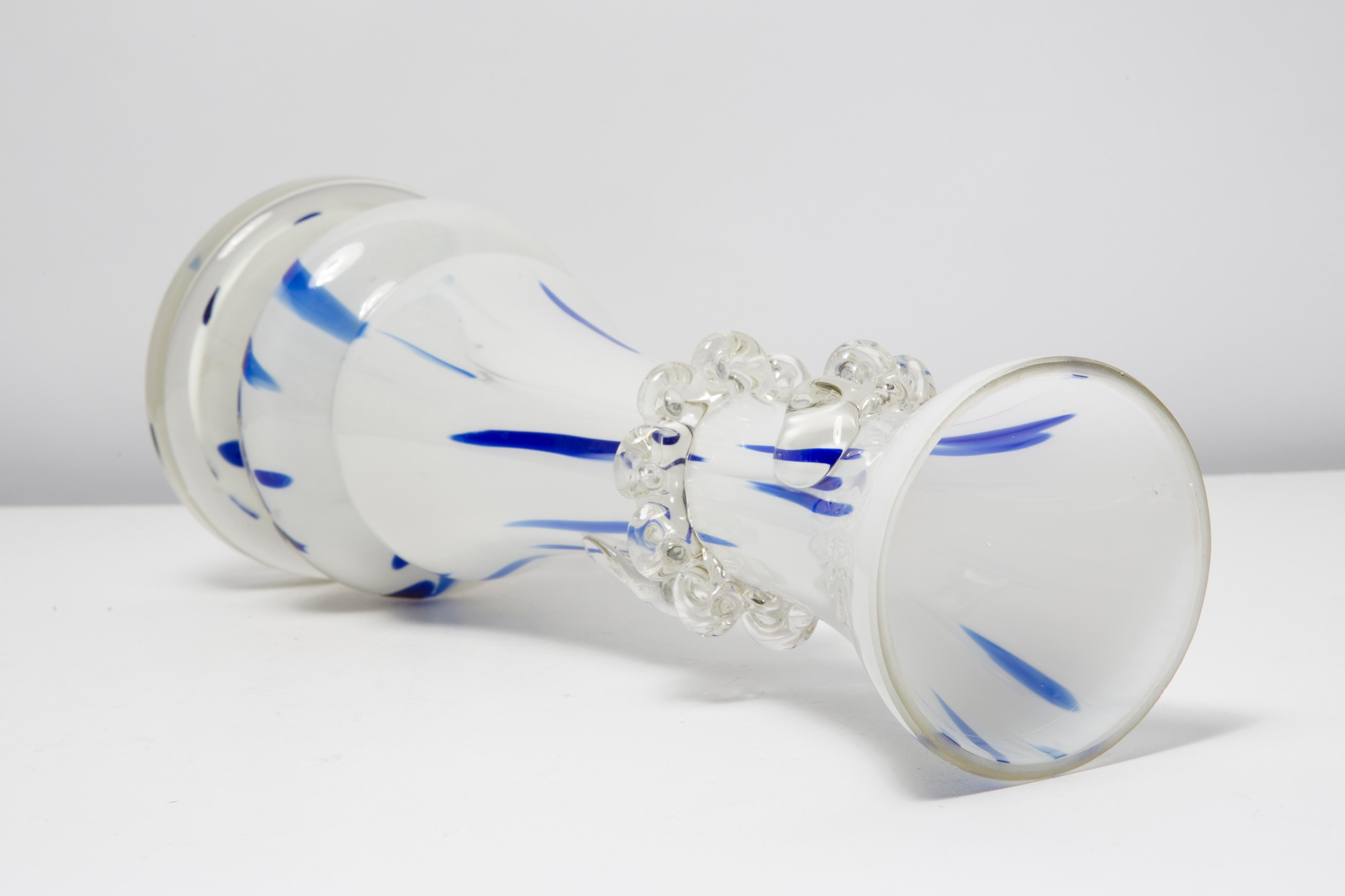 20th Century Mid Century Vintage Artistic Glass White and Blue Vase, Europe, 1970s For Sale