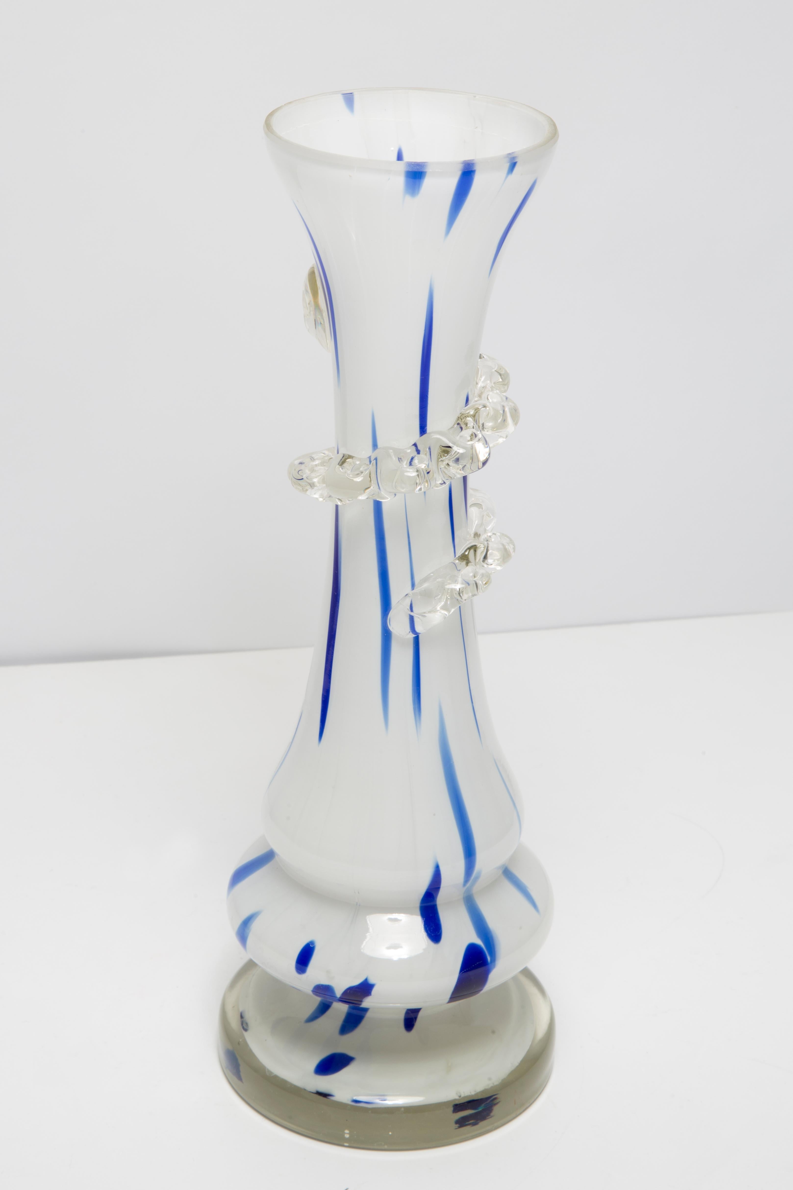 Mid Century Vintage Artistic Glass White and Blue Vase, Europe, 1970s For Sale 3