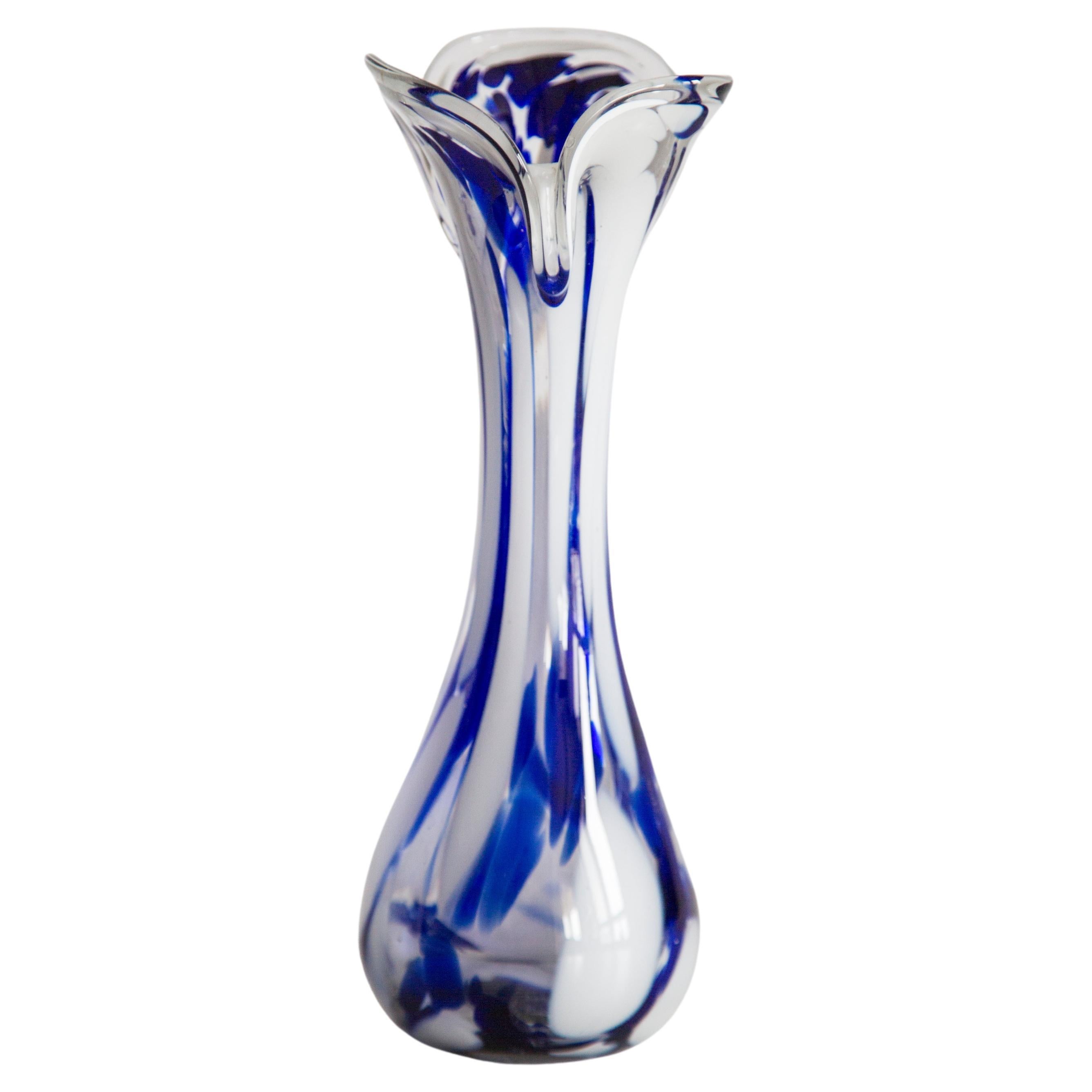 Mid Century Vintage Artistic Glass White and Blue Vase, Europe, 1970s For Sale