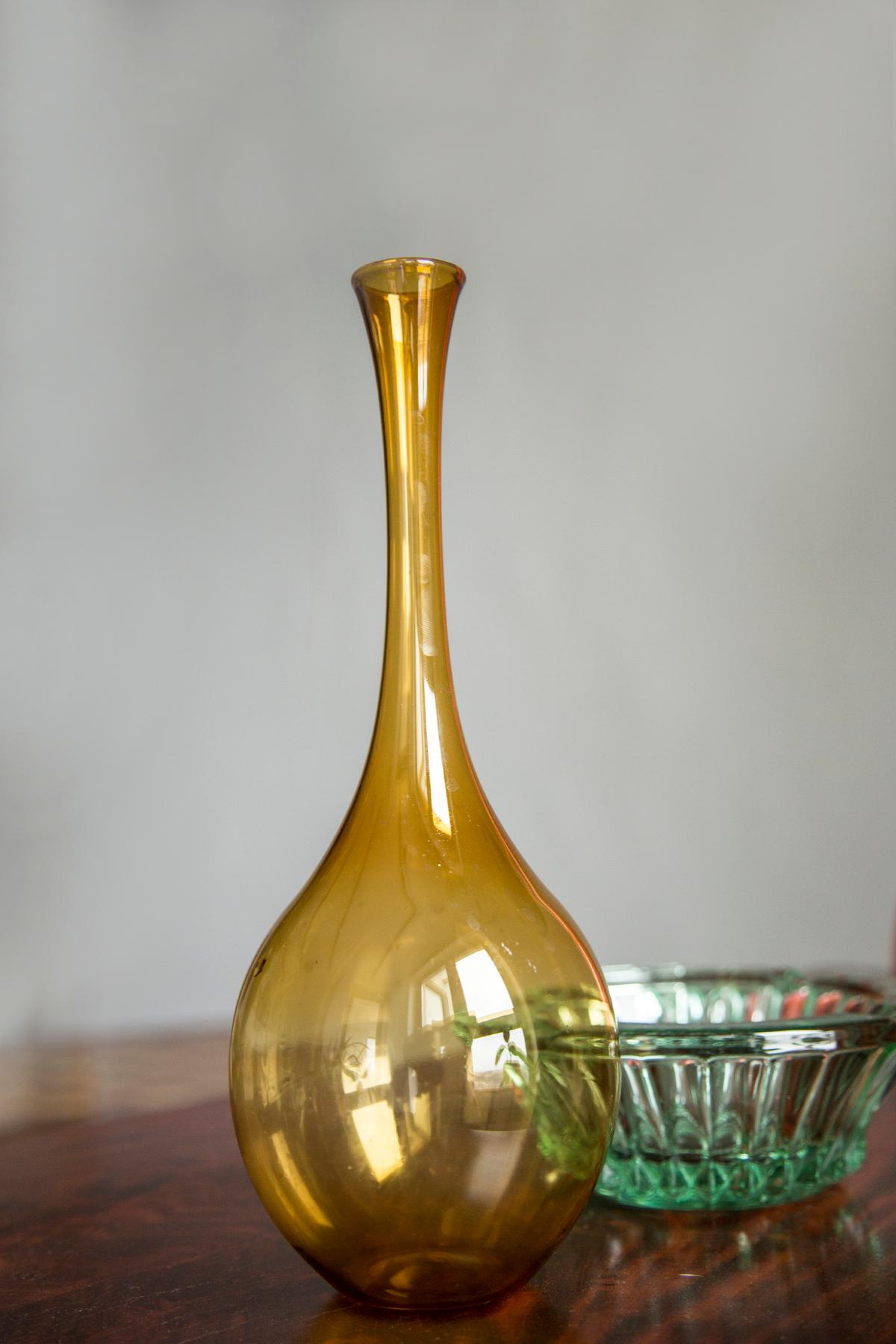 Polish Mid Century Vintage Artistic Glass Yellow Vase, Europe, 1970s For Sale