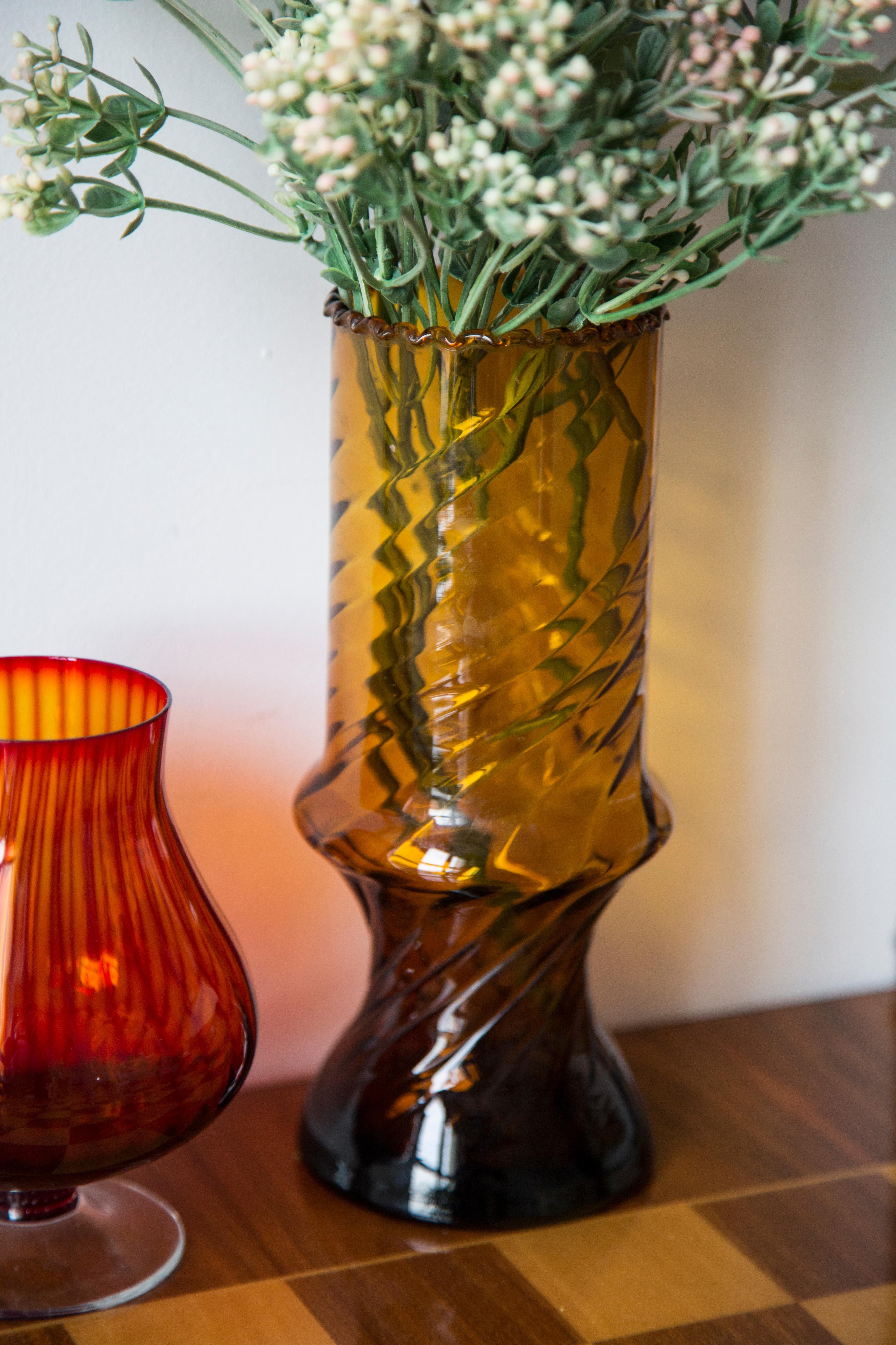 Polish Mid Century Vintage Artistic Glass Yellow Vase with a Frill, Europe, 1970s For Sale