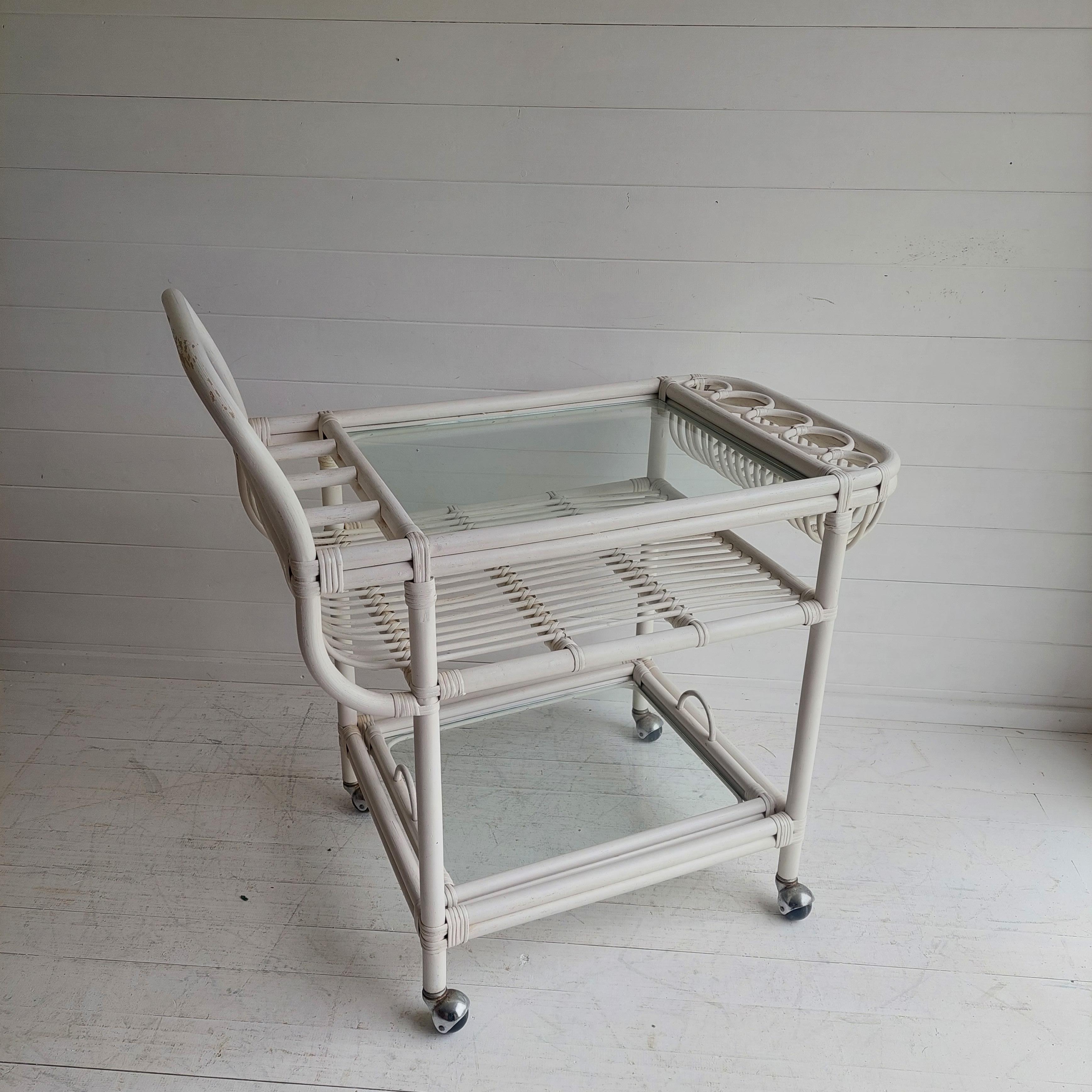 European Midcentury Vintage Bamboo and Glass Drinks Bar Cart Trolley 1960s 70s