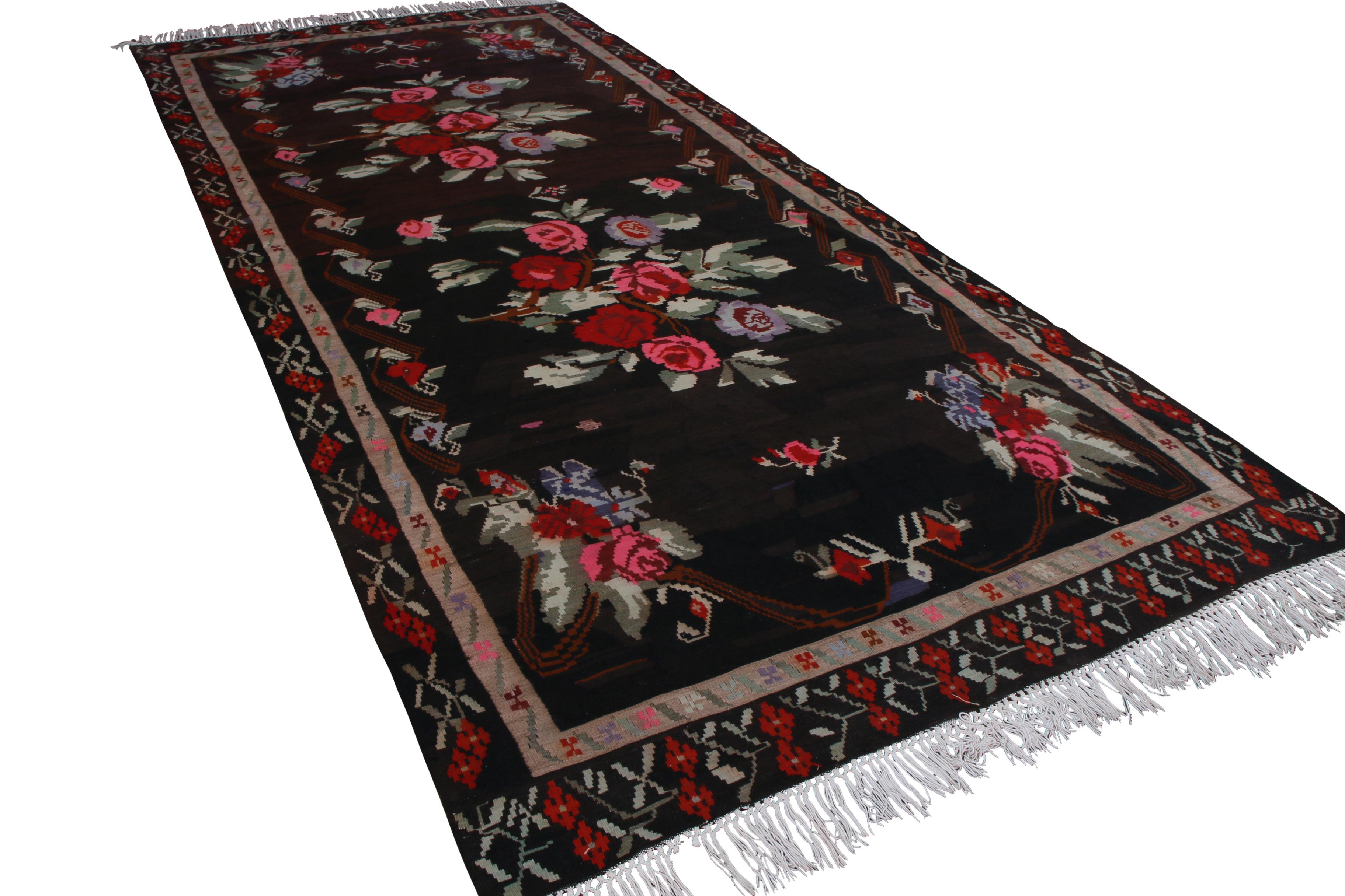 Hand-Woven Midcentury Vintage Kilim Rug Black Red Floral Turkish Flat-Weave by Rug & Kilim For Sale