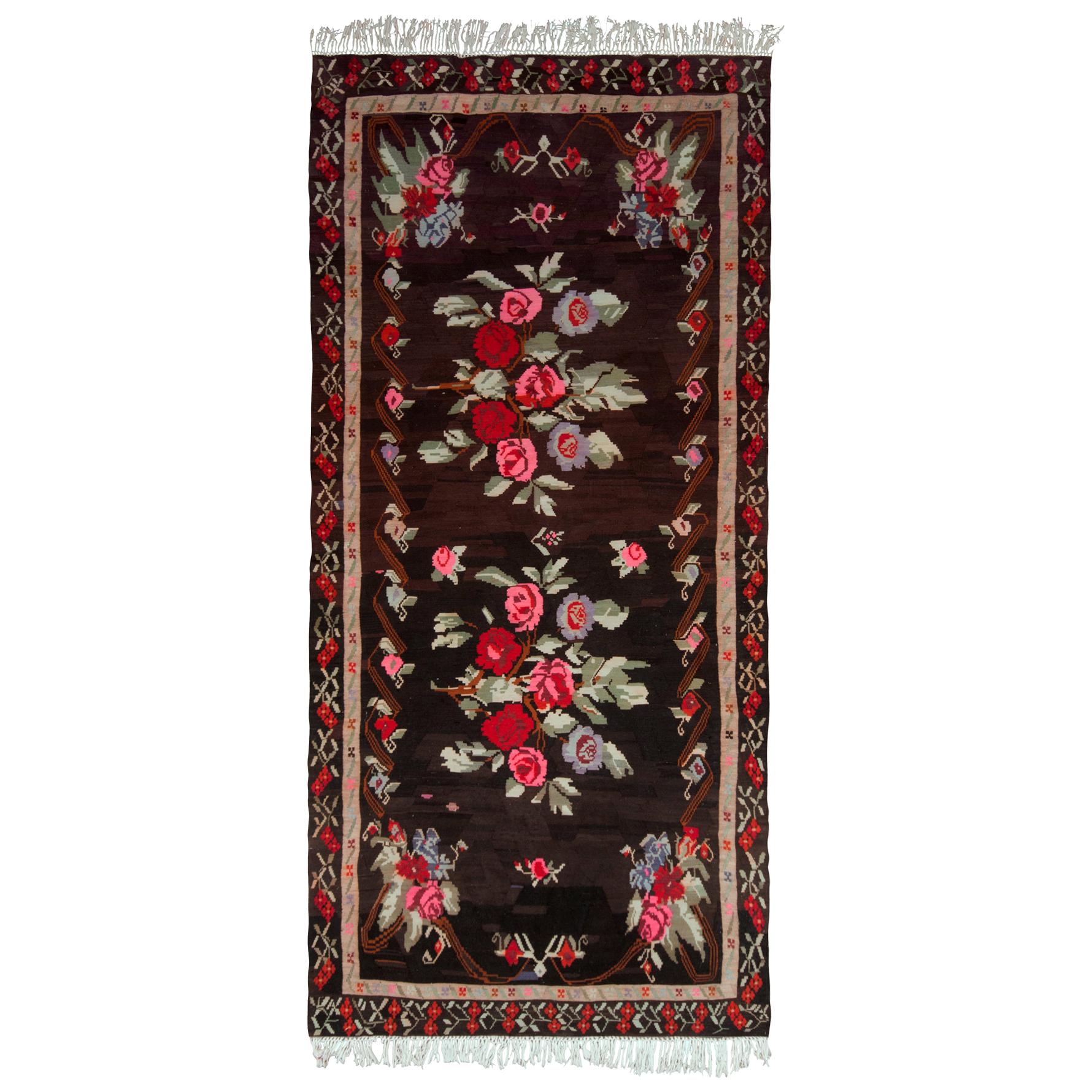 Midcentury Vintage Kilim Rug Black Red Floral Turkish Flat-Weave by Rug & Kilim For Sale