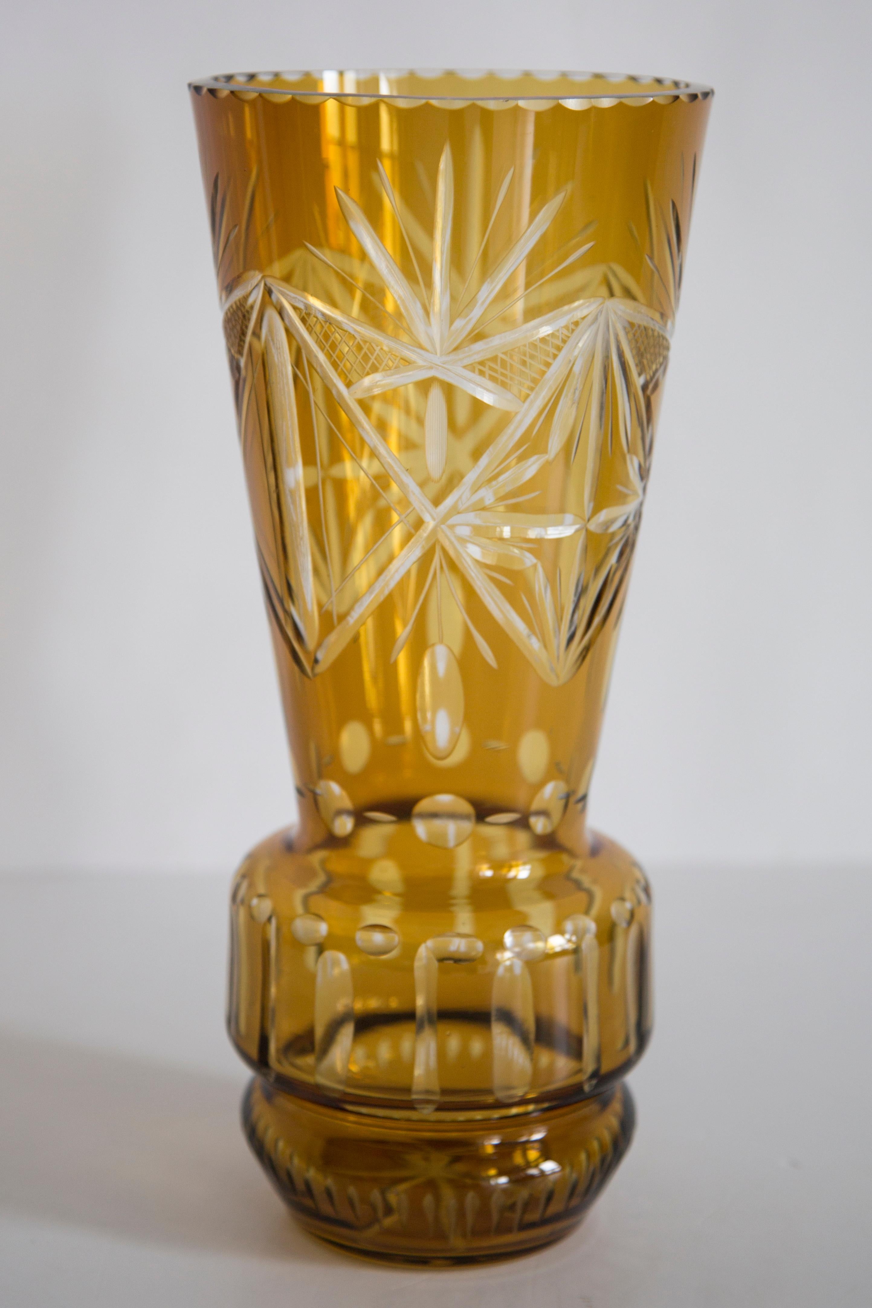 Glass Mid Century Vintage Big Yellow Crystal Vase, 20th Century, Europe, 1960s For Sale