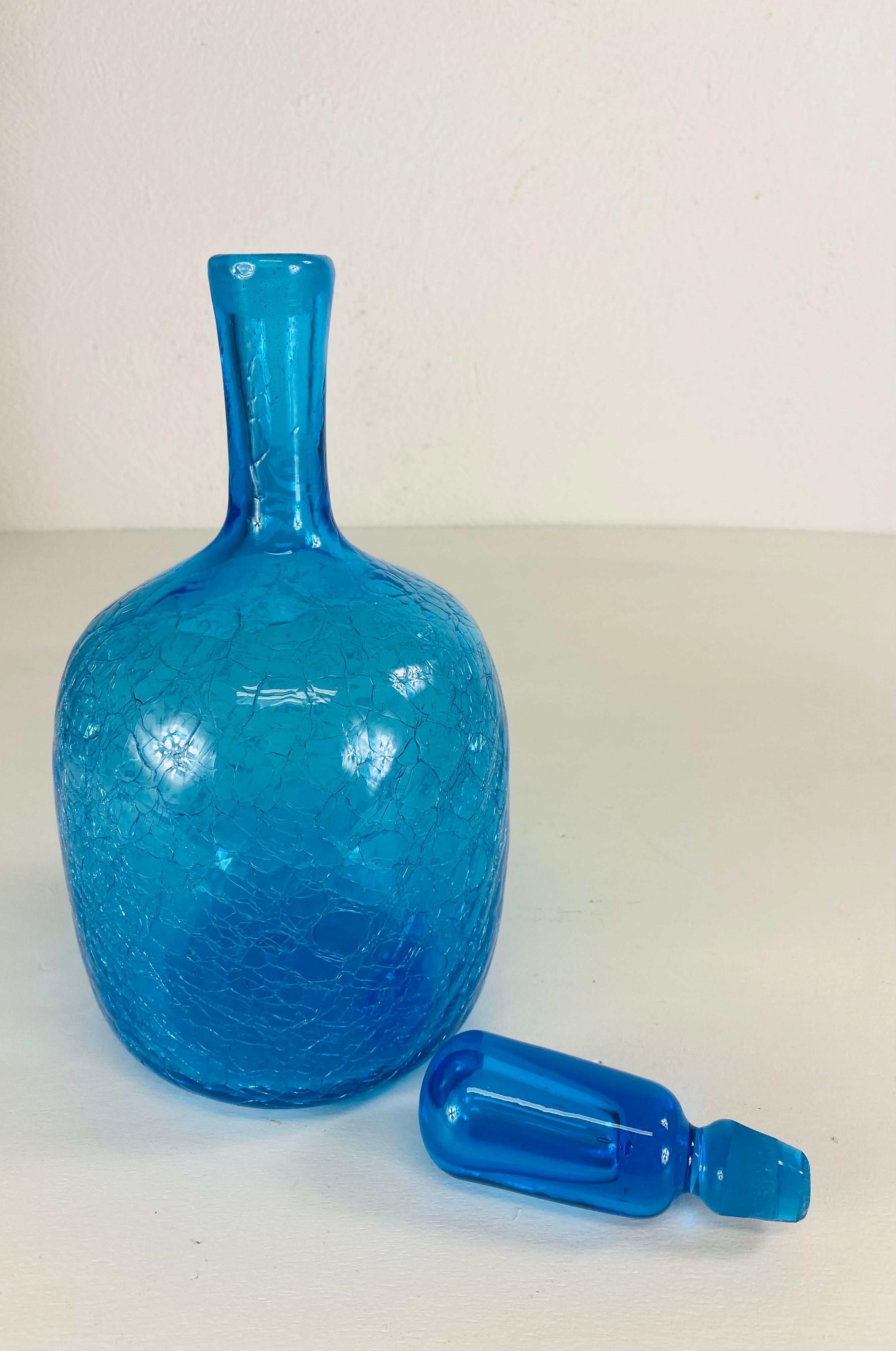 Modern Mid century vintage Blenko blue glass jar with stopper. For Sale