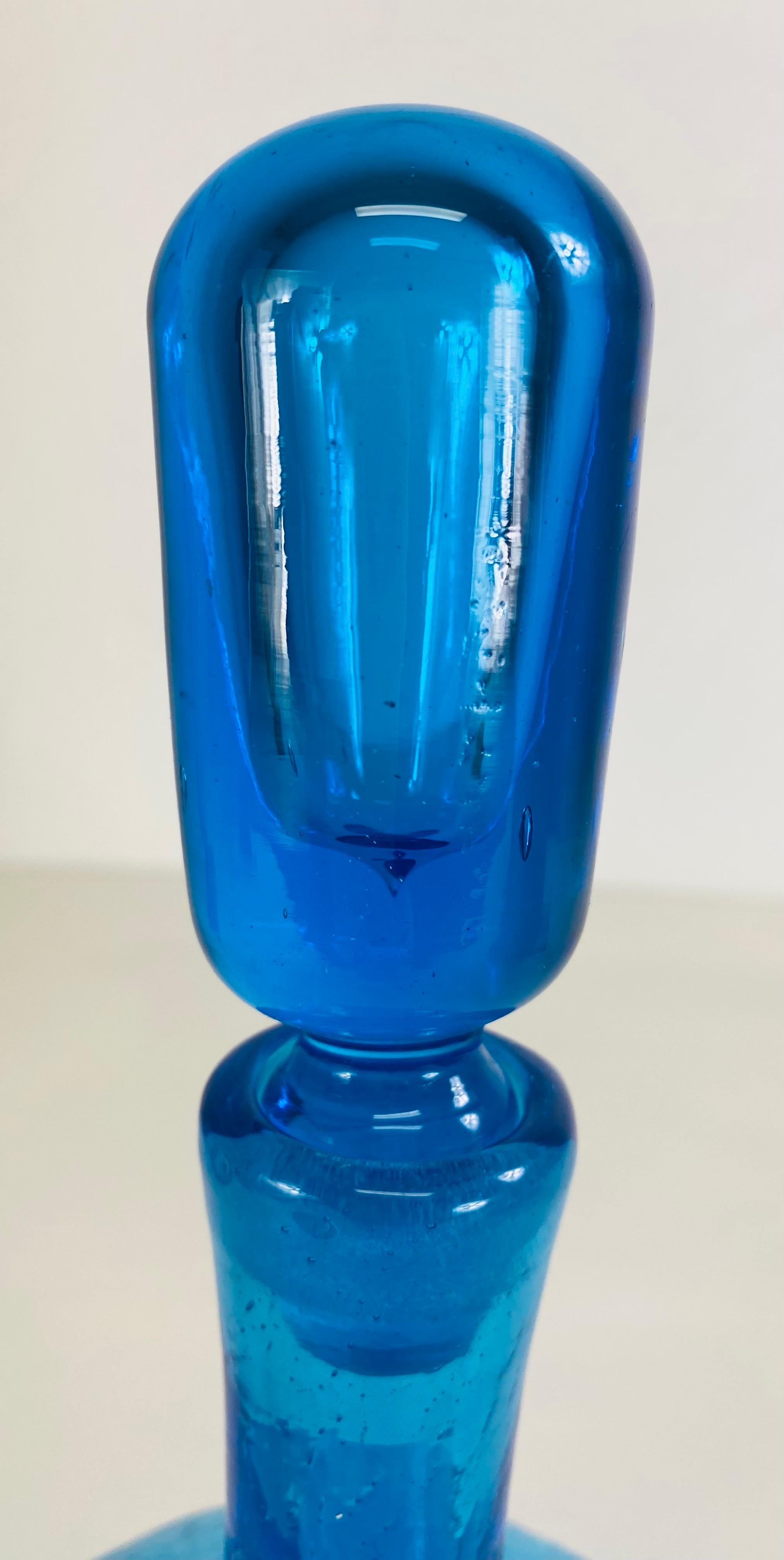 Late 20th Century Mid century vintage Blenko blue glass jar with stopper. For Sale