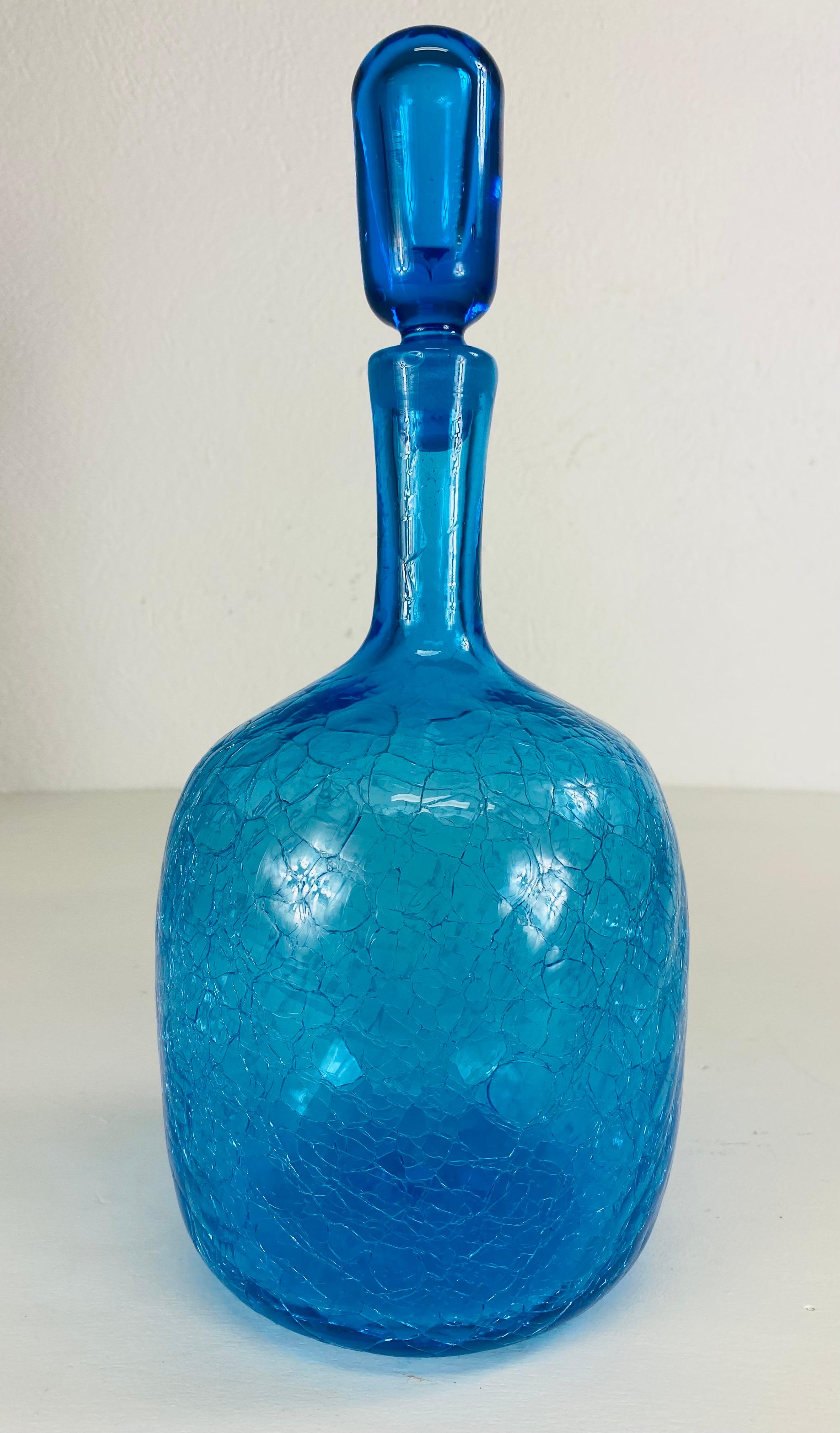 Glass Mid century vintage Blenko blue glass jar with stopper. For Sale