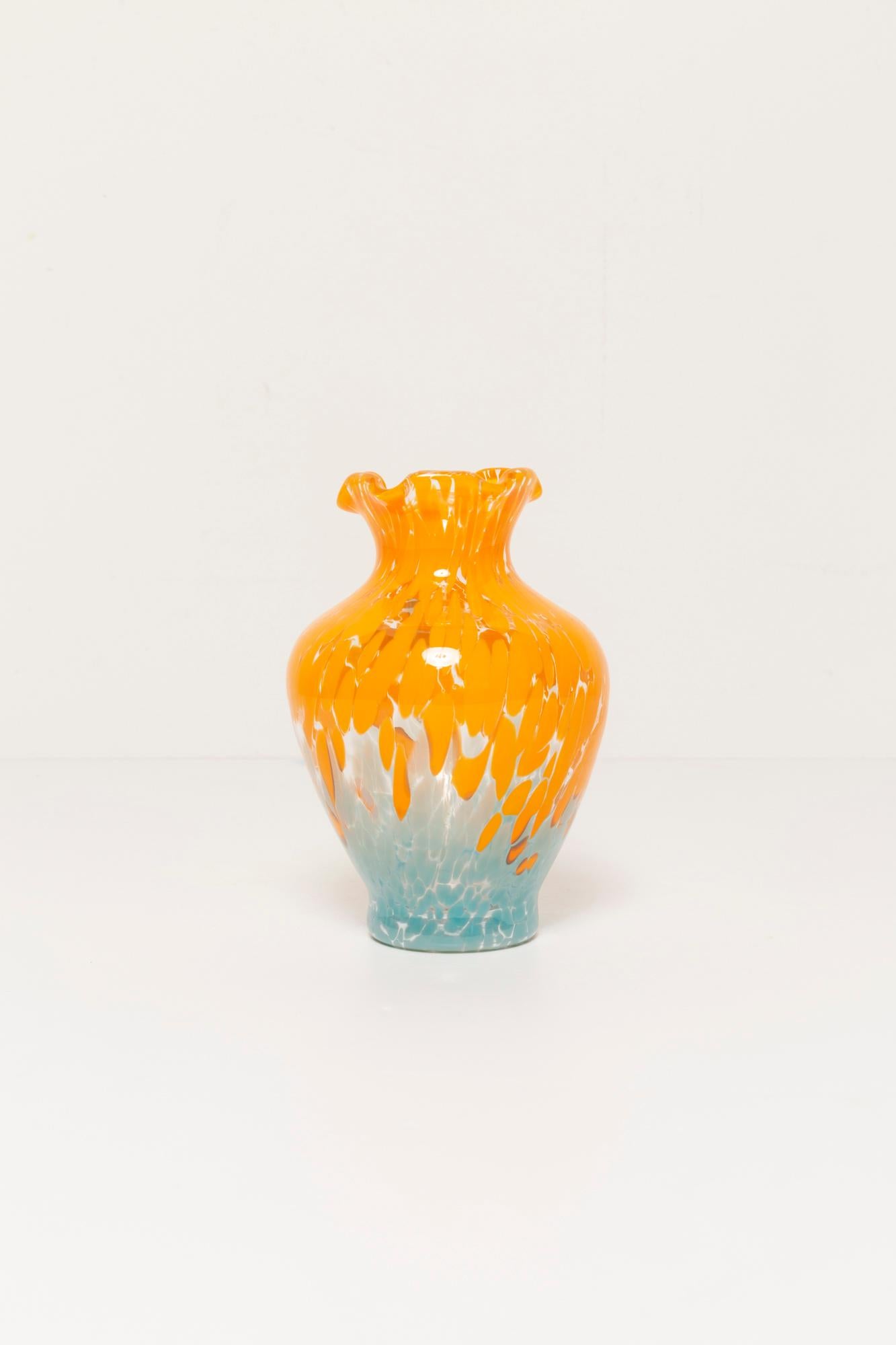 Italian Midcentury Vintage Blue and Orange Dots Murano Vase, Italy, 1960s For Sale