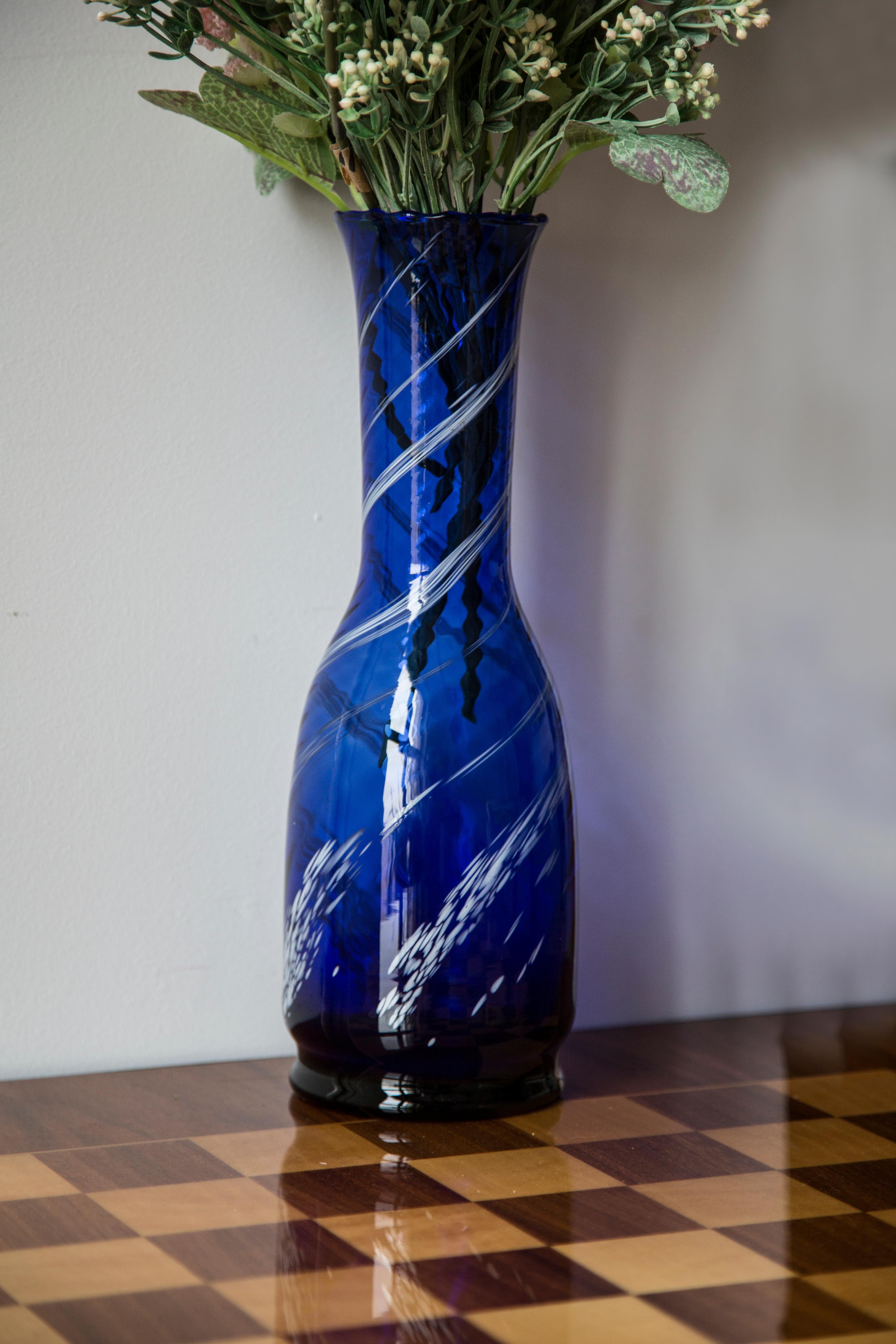 Mid-Century Modern Mid Century Vintage Blue and White Artistic Glass Vase Bottle, Europe, 1970s For Sale