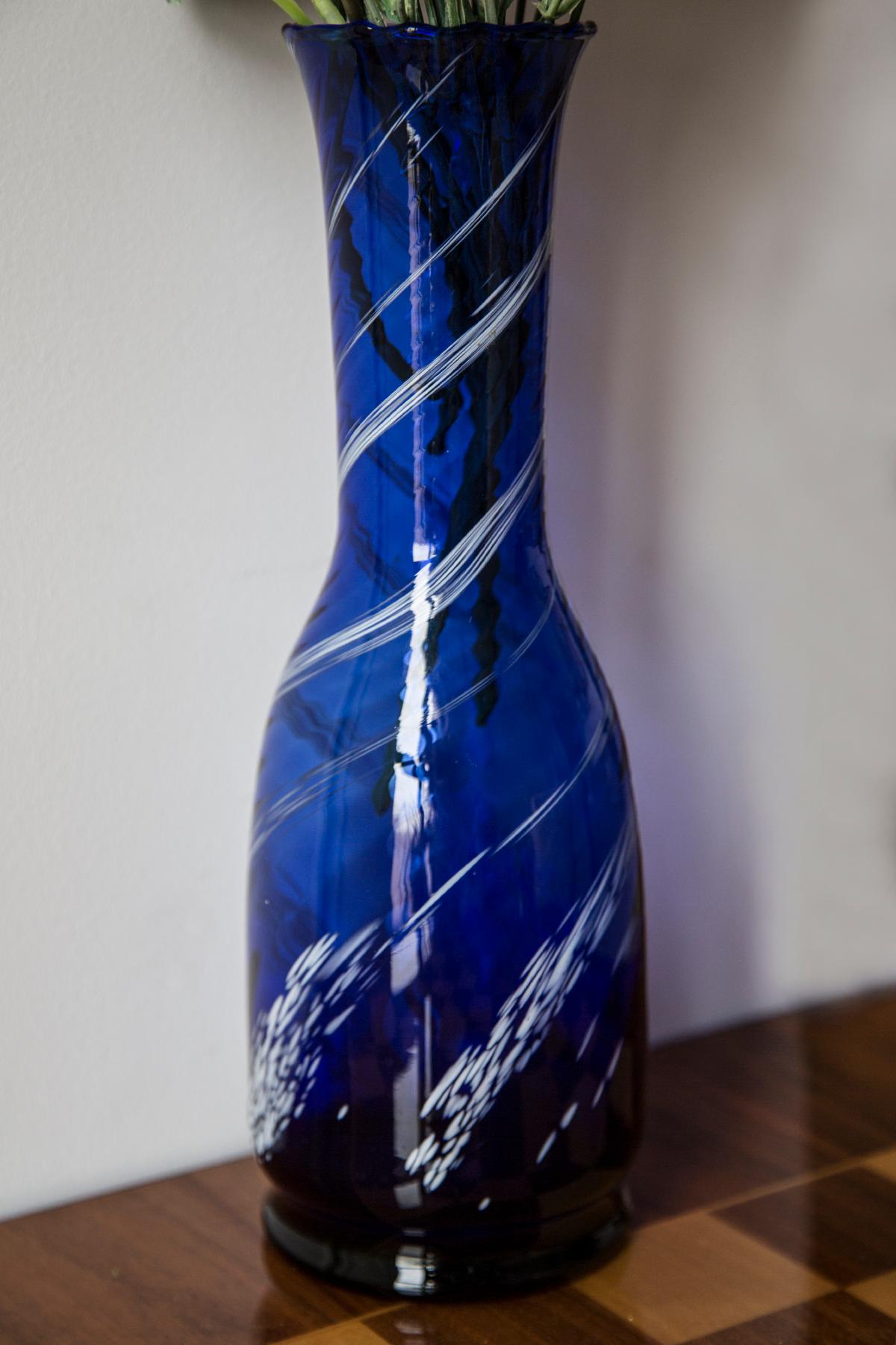 Polish Mid Century Vintage Blue and White Artistic Glass Vase Bottle, Europe, 1970s For Sale