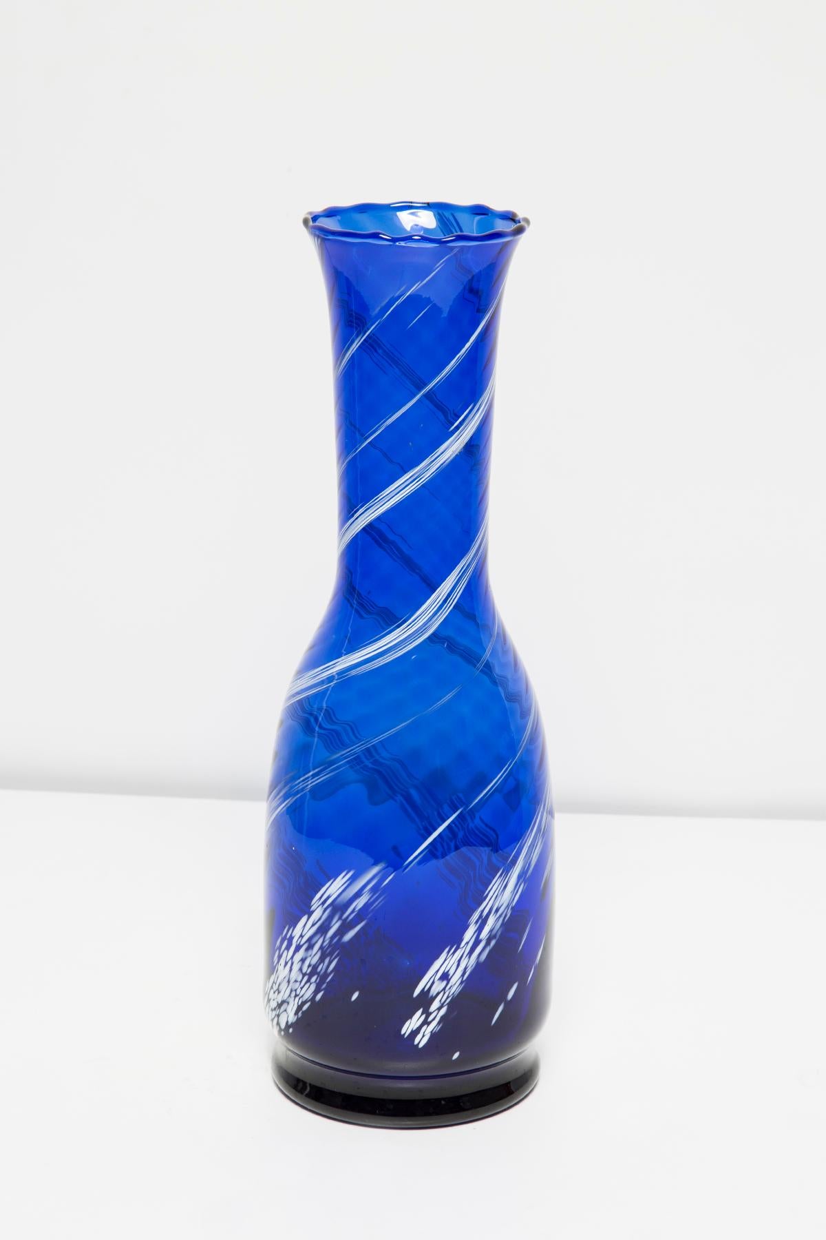 20th Century Mid Century Vintage Blue and White Artistic Glass Vase Bottle, Europe, 1970s For Sale