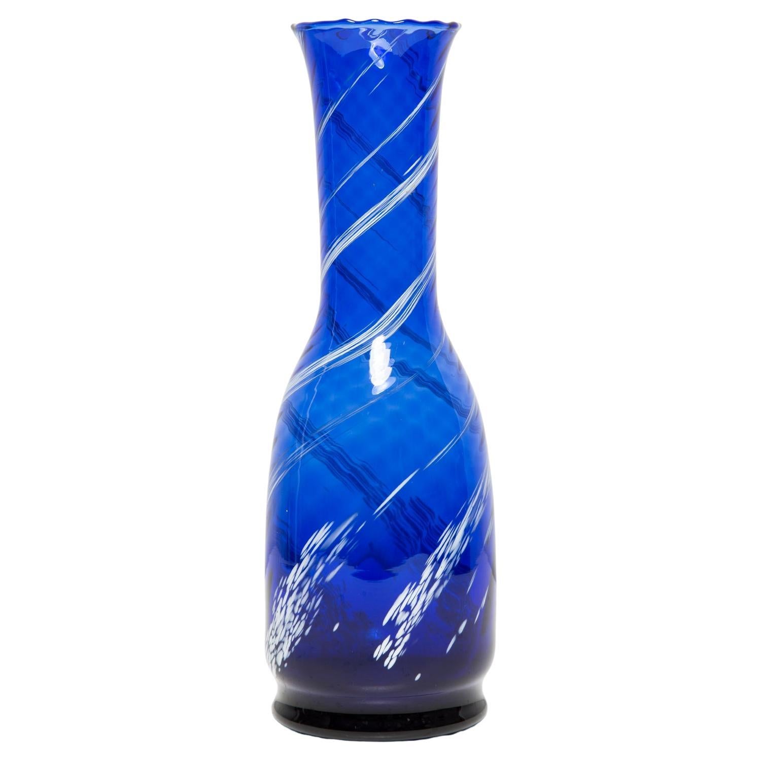 Mid Century Vintage Blue and White Artistic Glass Vase Bottle, Europe, 1970s For Sale