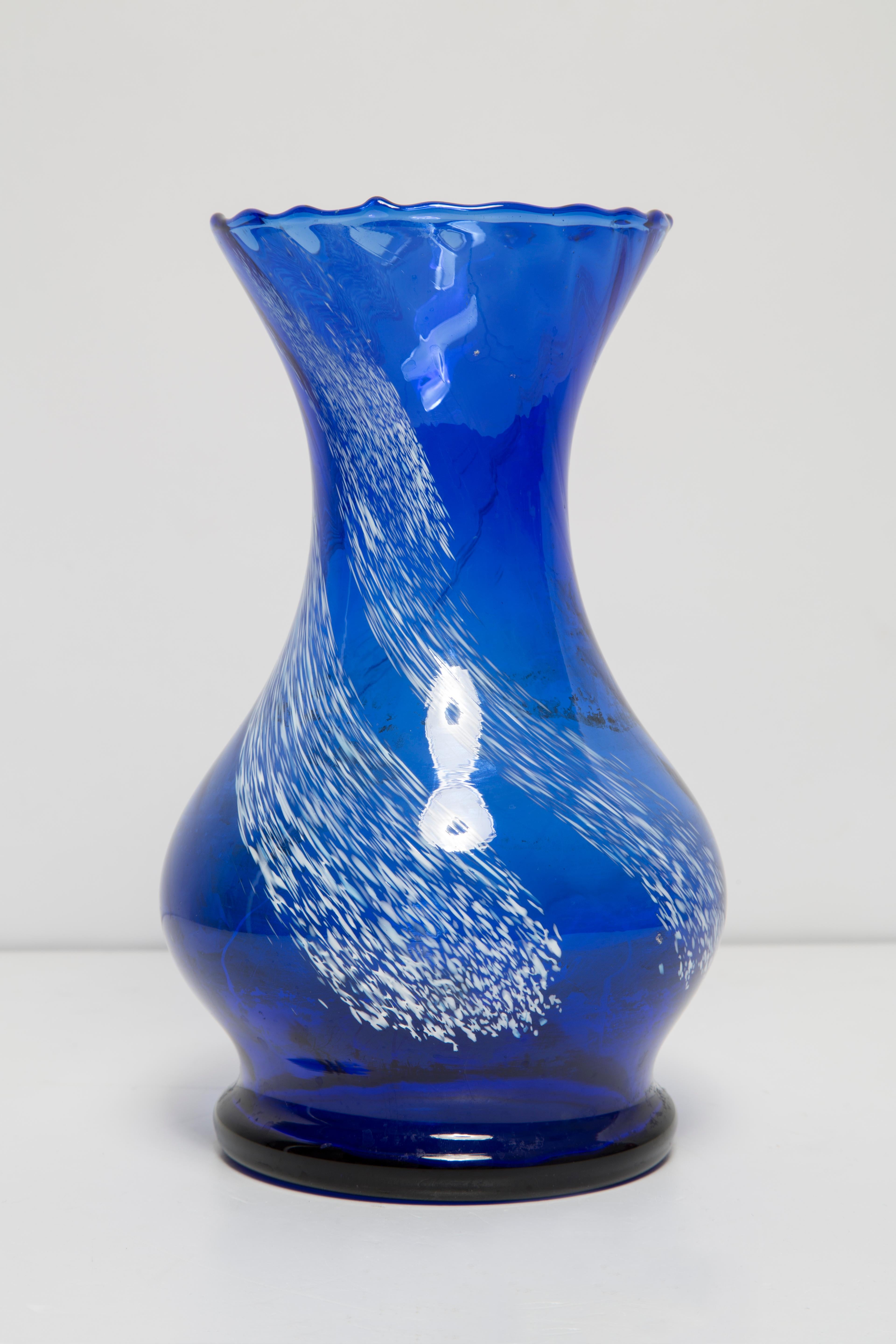Polish Mid Century Vintage Blue and White Artistic Glass Vase, Europe, 1970s For Sale