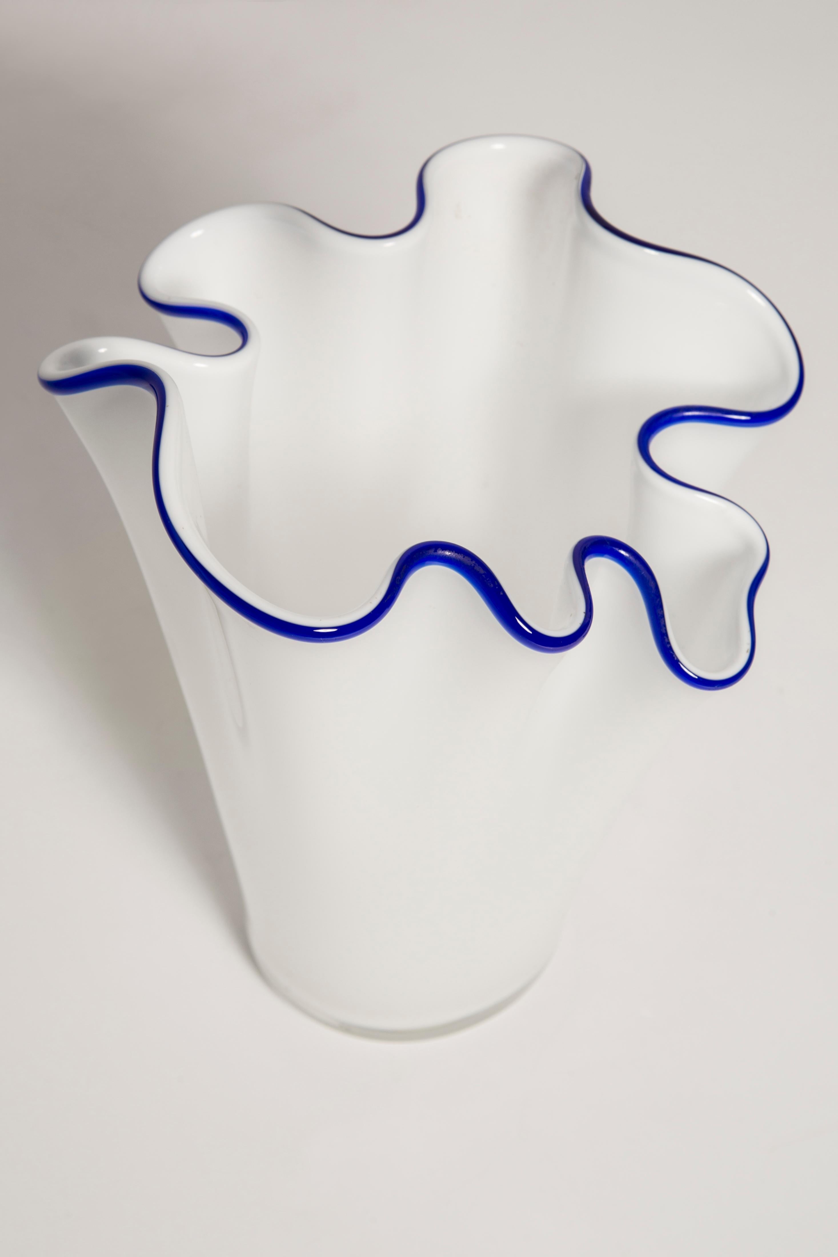 Glass Mid Century Vintage Blue and White Vase, Italy, 1960s For Sale