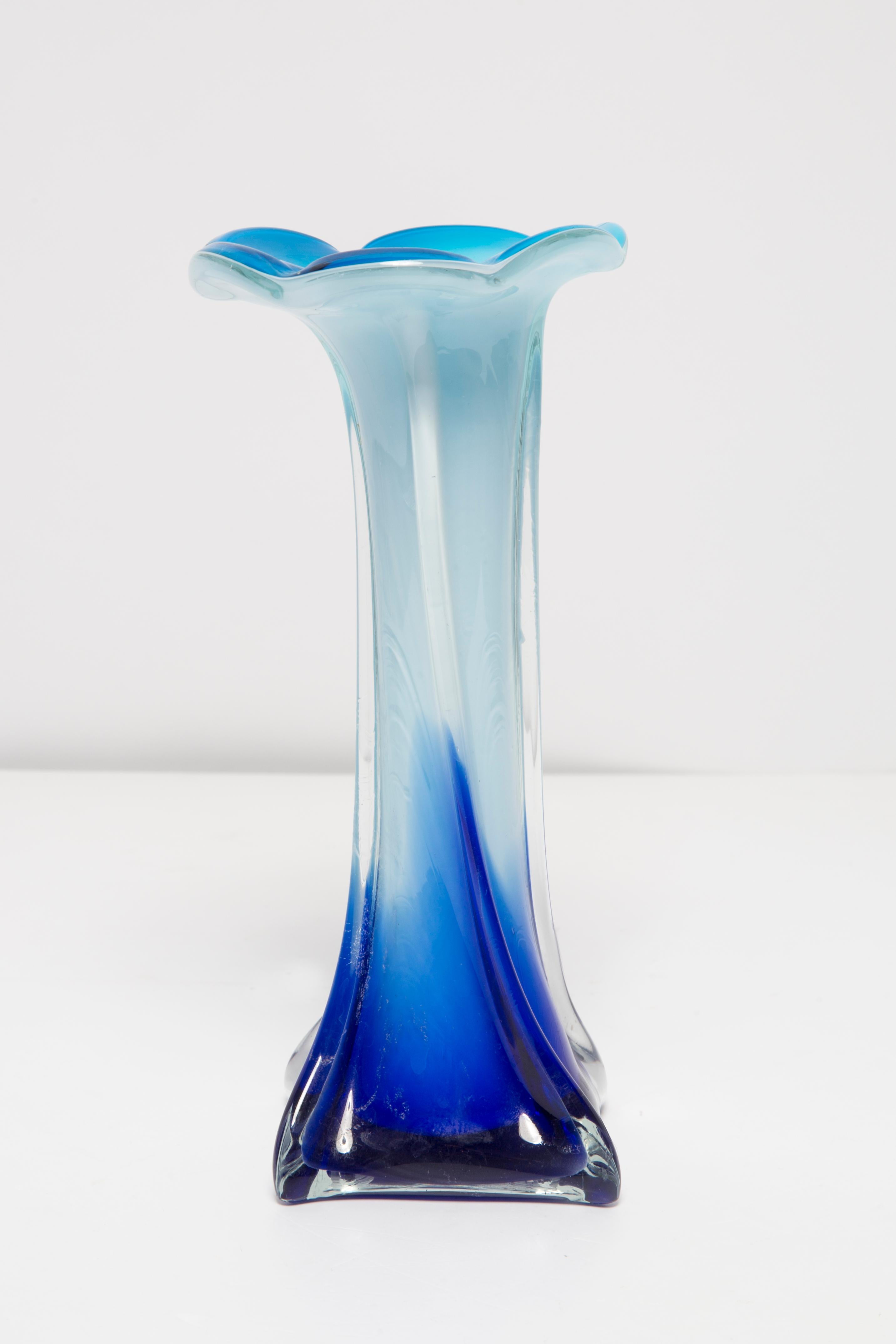 Italian Mid Century Vintage Blue Decorative Murano Glass Calla Vase, Europe, 1960s For Sale