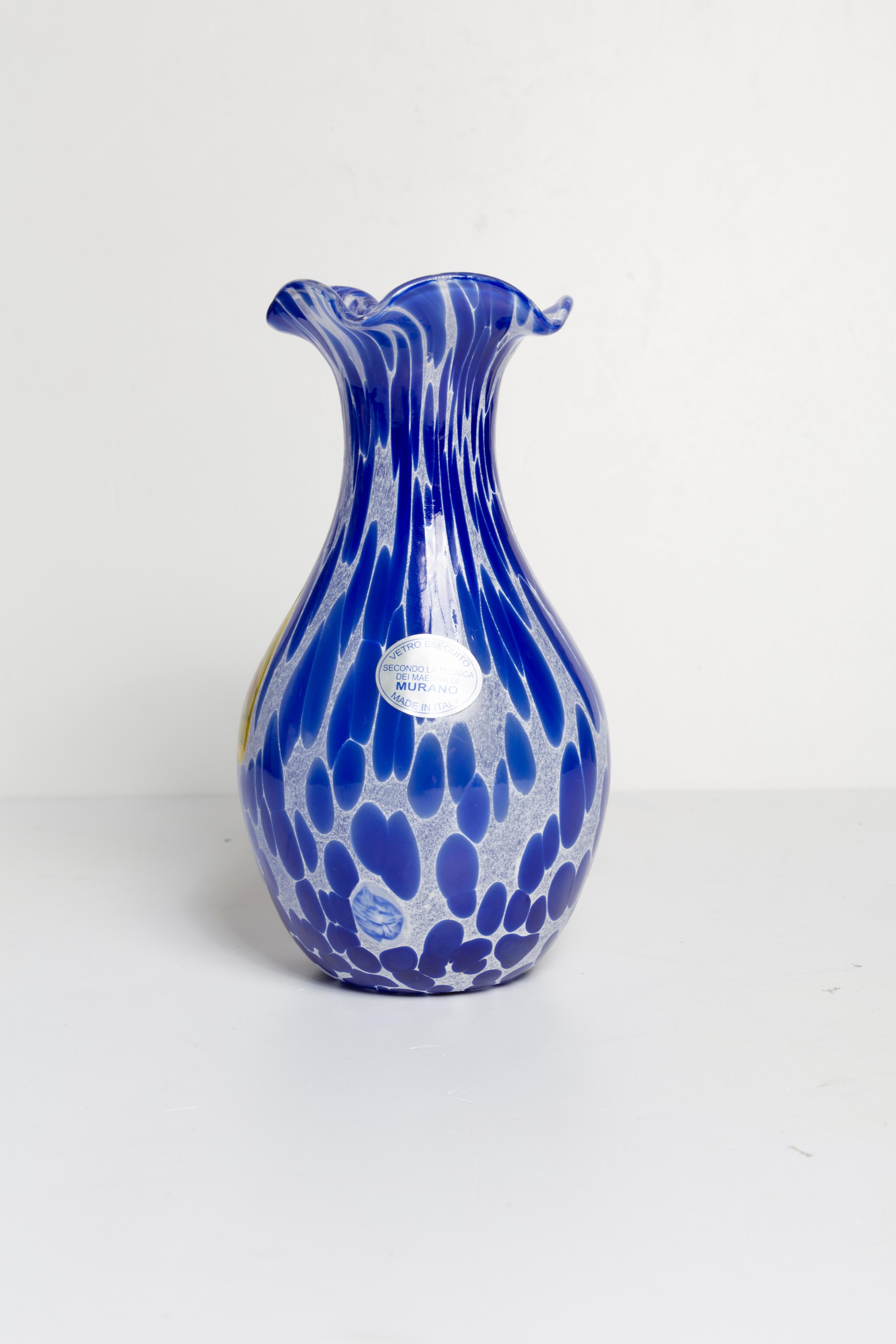 Italian Mid Century Vintage Blue Dots Small Murano Vase, Italy, 1960s For Sale