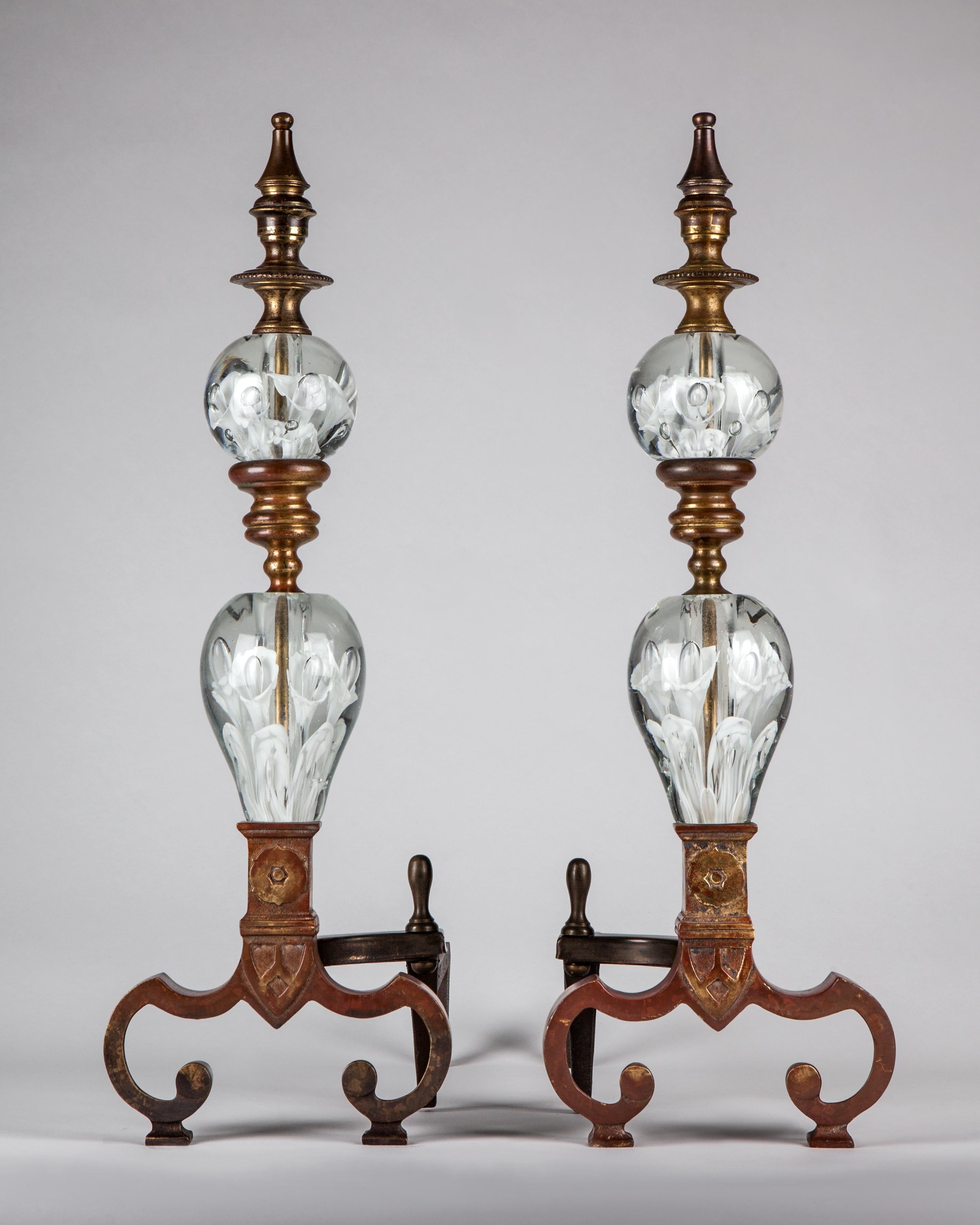 Midcentury Vintage Brass And St Clair Glass Fireplace Andirons