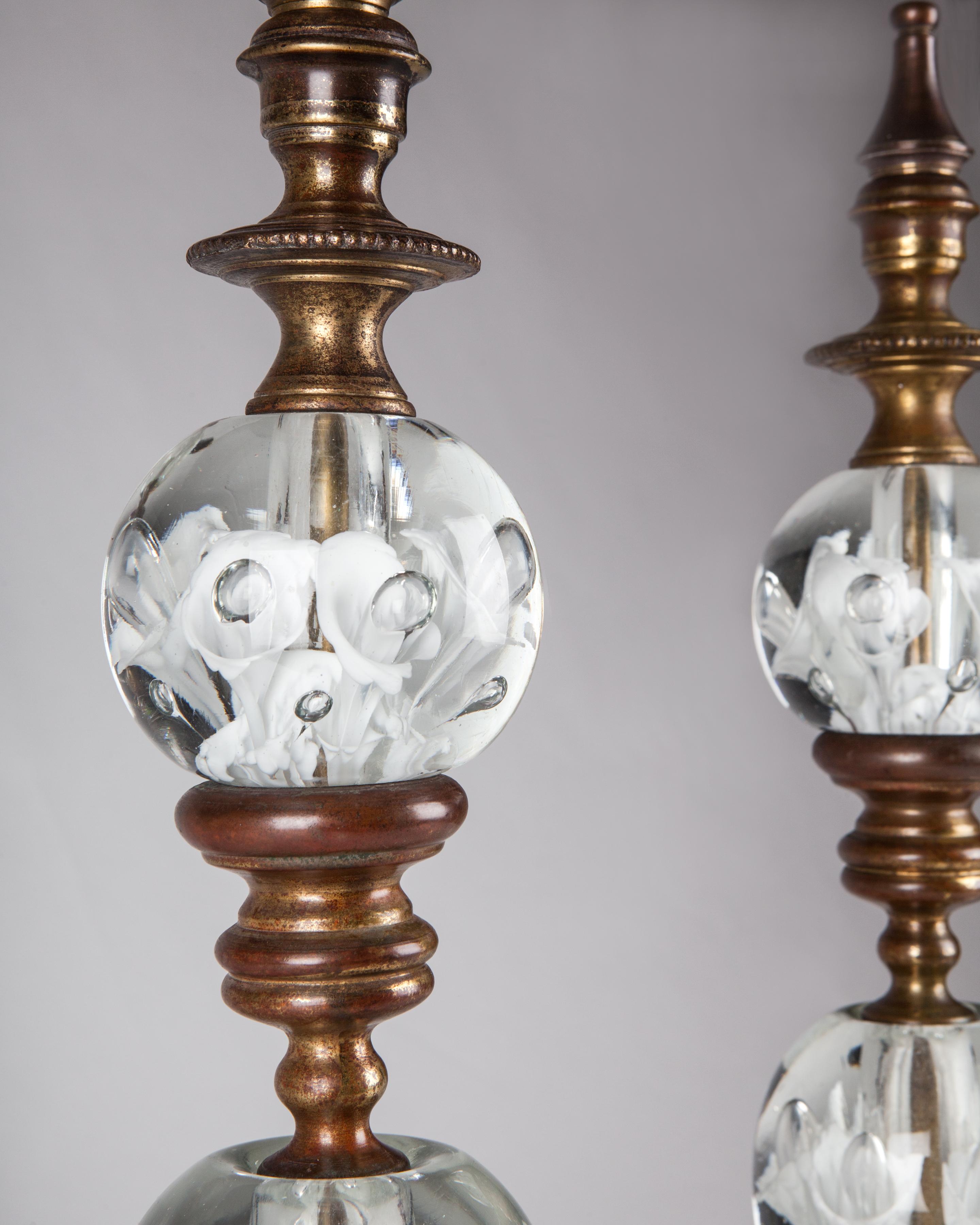 American Midcentury Vintage Brass and St. Clair Glass Fireplace Andirons, circa 1960