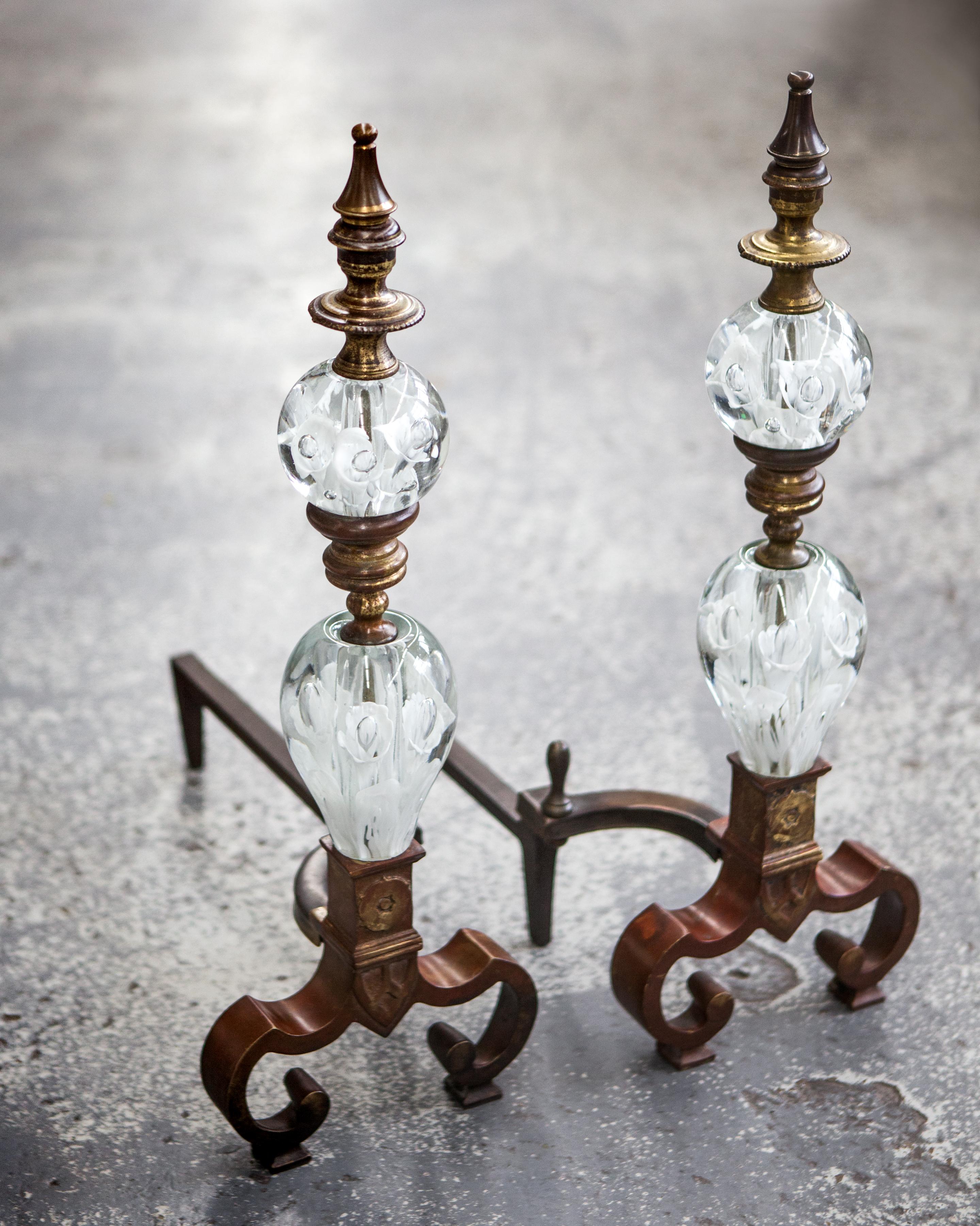 Midcentury Vintage Brass and St. Clair Glass Fireplace Andirons, circa 1960 In Good Condition In New York, NY