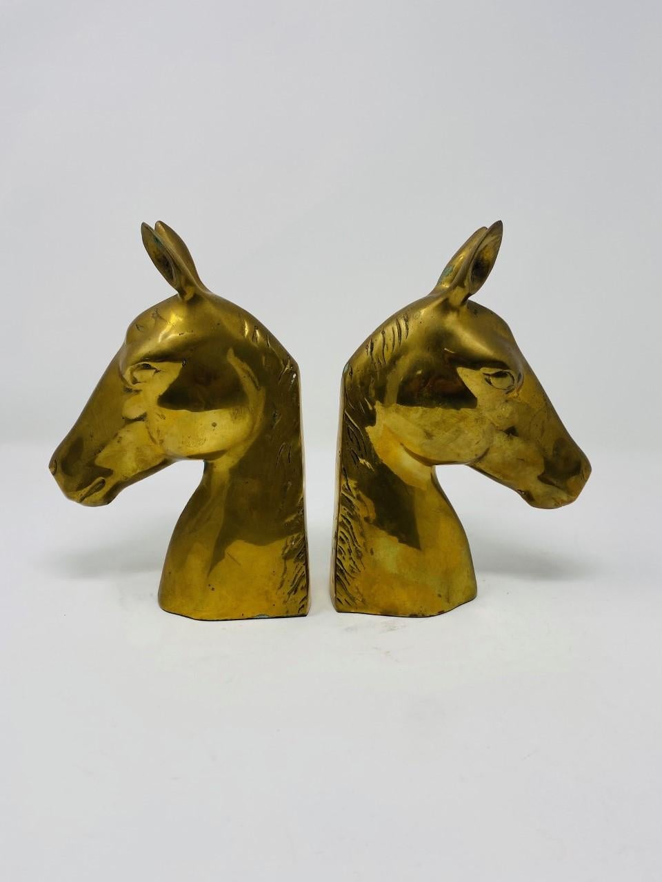 Hollywood Regency Mid-Century Vintage Brass Horse Head Bookends