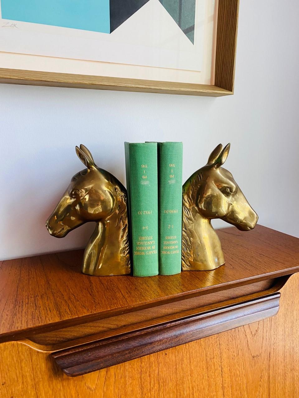 Mid-Century Vintage Brass Horse Head Bookends 1