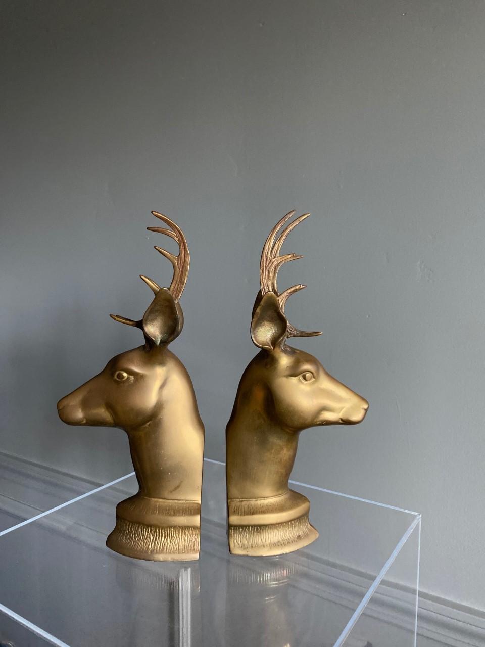 Hollywood Regency Mid Century Vintage Brass Stag Bookends