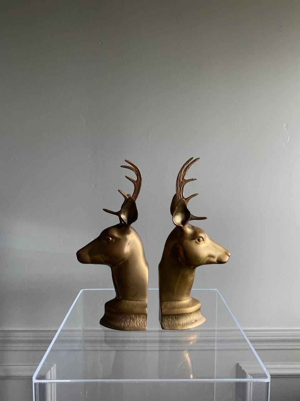 American Mid Century Vintage Brass Stag Bookends