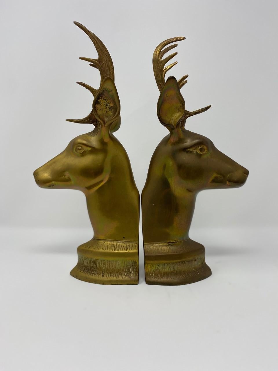 Mid Century Vintage Brass Stag Bookends 1