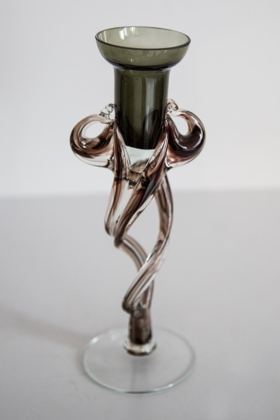 Polish Mid Century Vintage Brown Artistic Glass Vase, Candlestick, Europe, 1970s For Sale