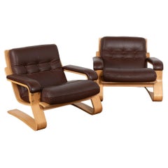 Mid Century Vintage Brown Leather Lounge Armchairs, Denmark circa 1970-80