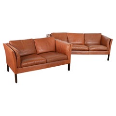 Midcentury Vintage Brown Leather Set, 3-Seat Sofa and 2-Seat Loveseat, 1970s