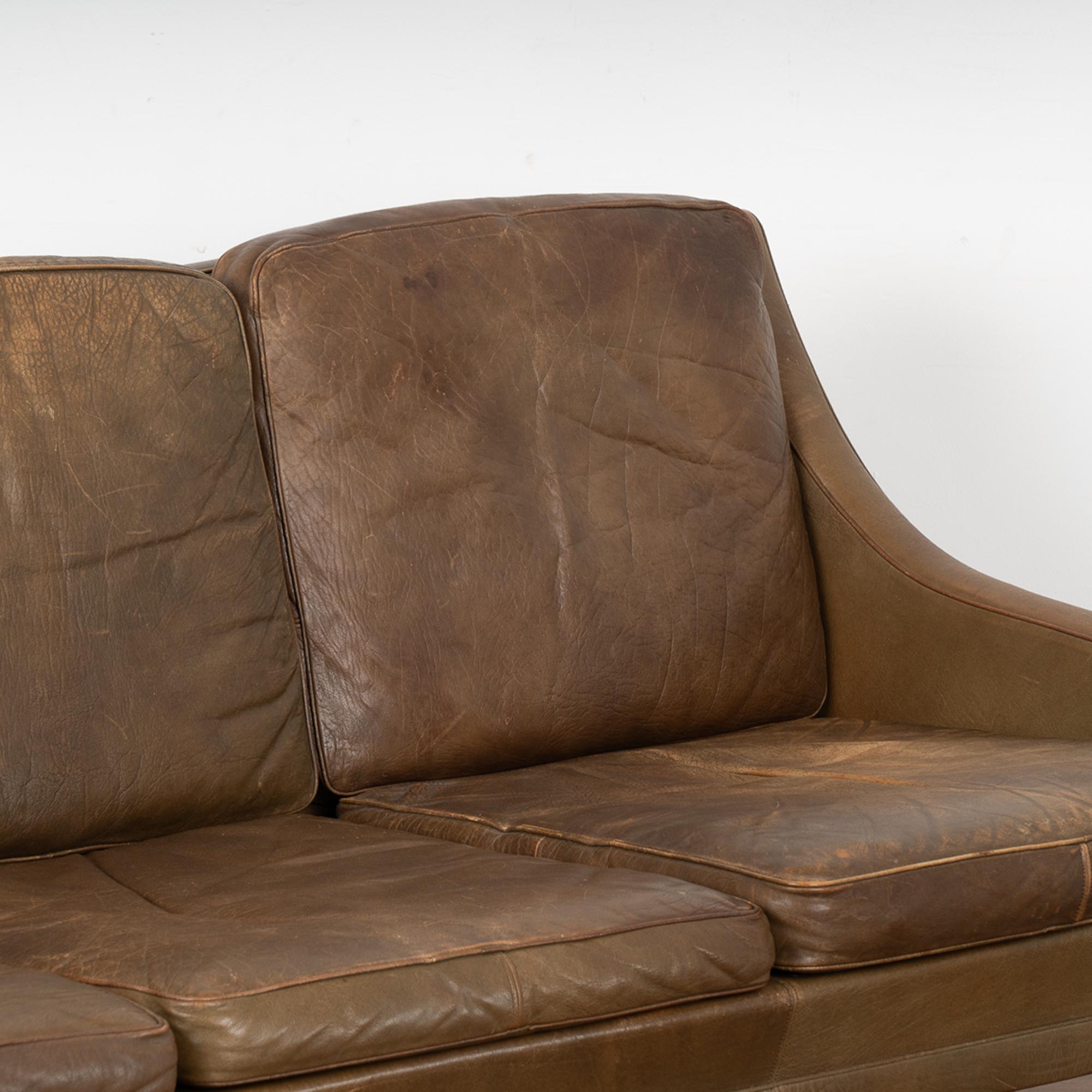 Mid-Century Modern Mid Century Vintage Brown Leather Three Seat Sofa, Denmark circa 1960-70 For Sale