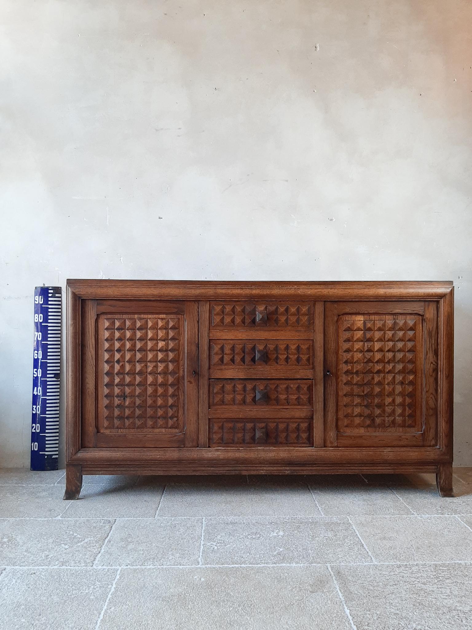 French Midcentury Vintage Brown Oak Sideboard, Credenza by Charles Dudouyt