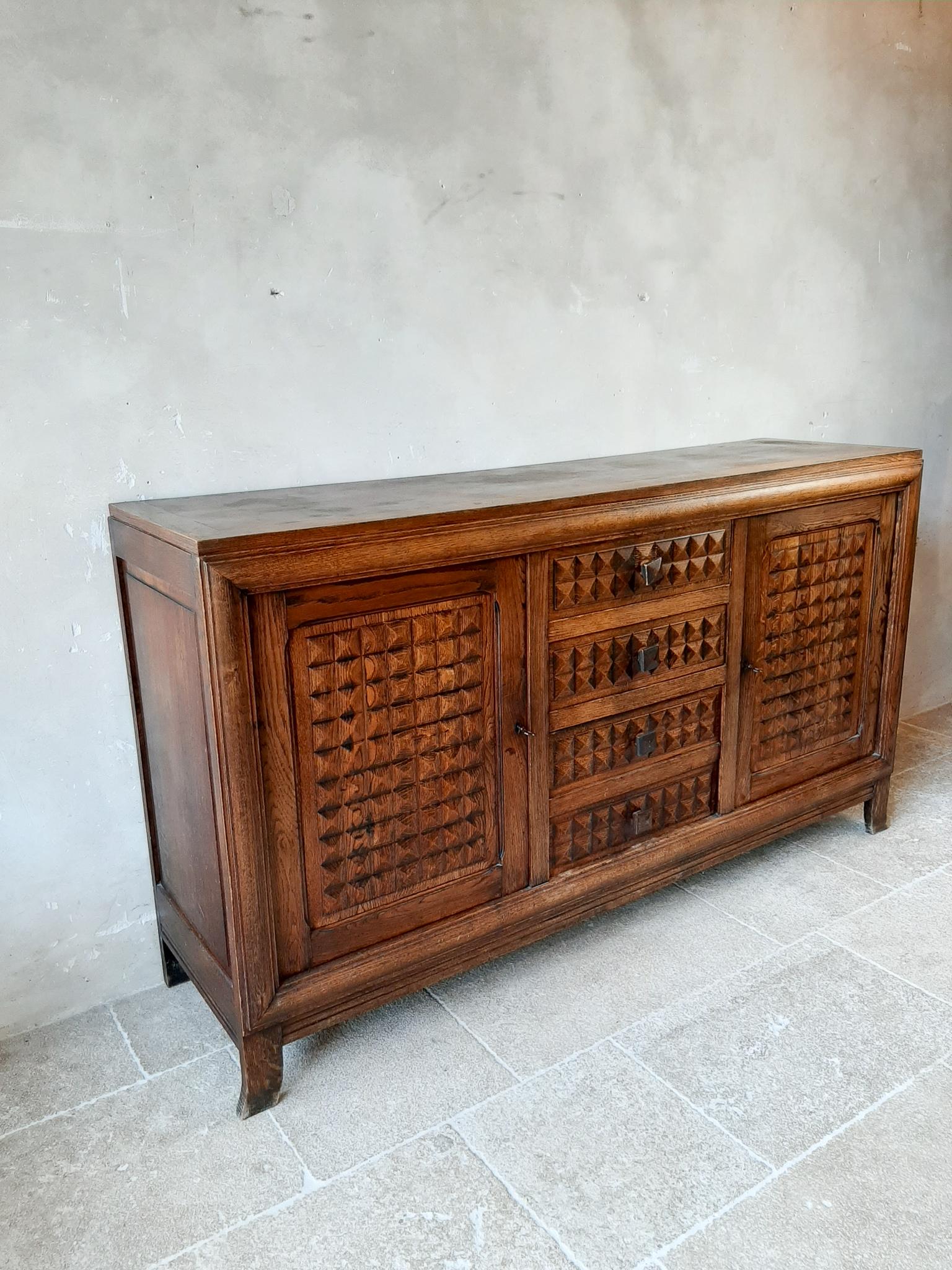 Midcentury Vintage Brown Oak Sideboard, Credenza by Charles Dudouyt In Good Condition In Baambrugge, NL