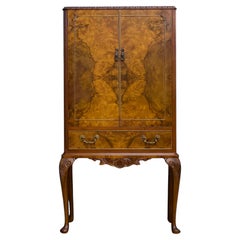 Mid Century Vintage Burr Walnut Queen Anne Style Drinks Cabinet, 1970s