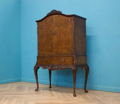 Mid Century Vintage Burr Walnut Queen Anne Style Drinks Cocktail Cabinet, 1950s