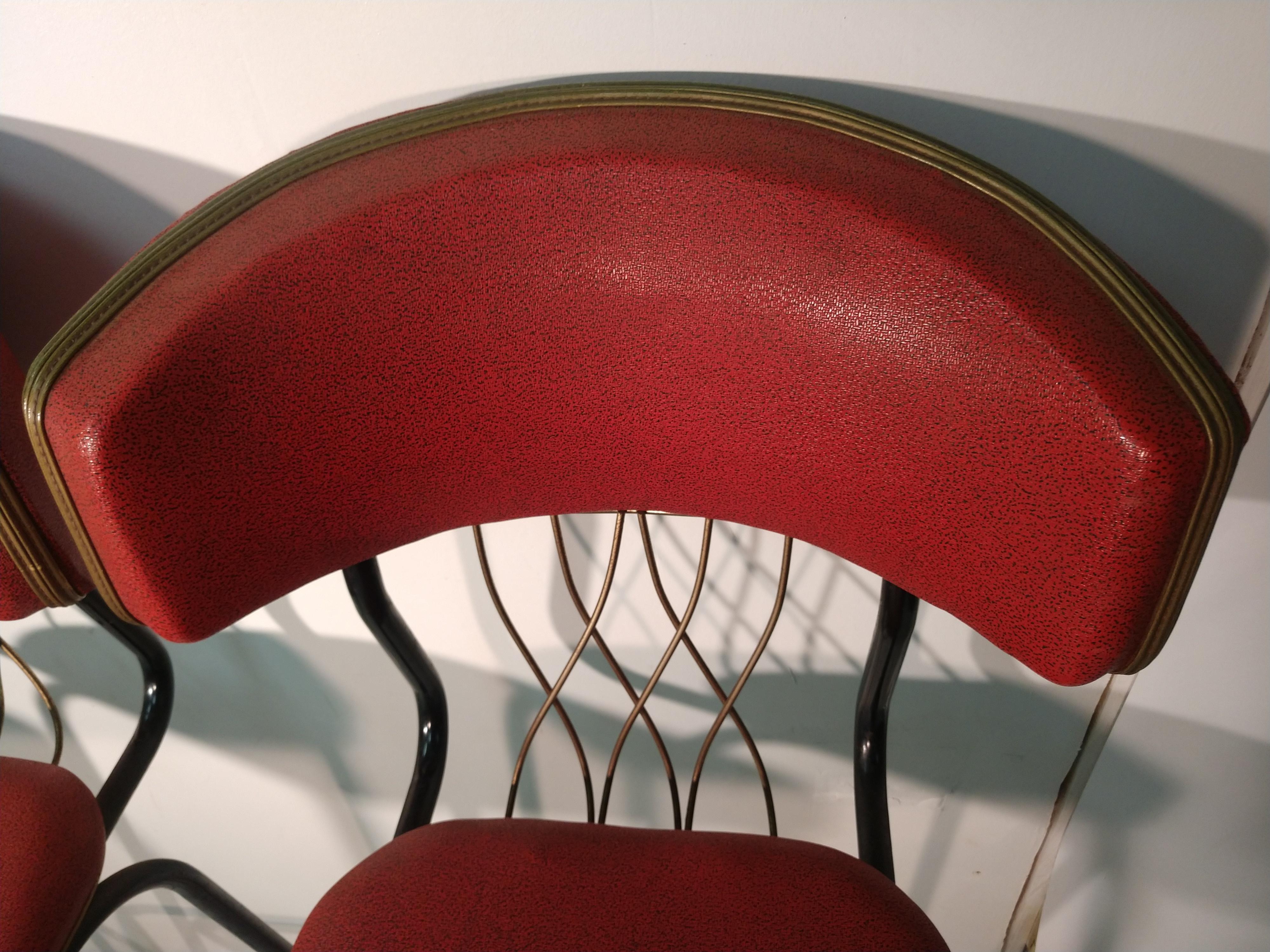 Brass Mid Century Vintage C1950 Tall High Back Bar Stools Original Naughahyde For Sale
