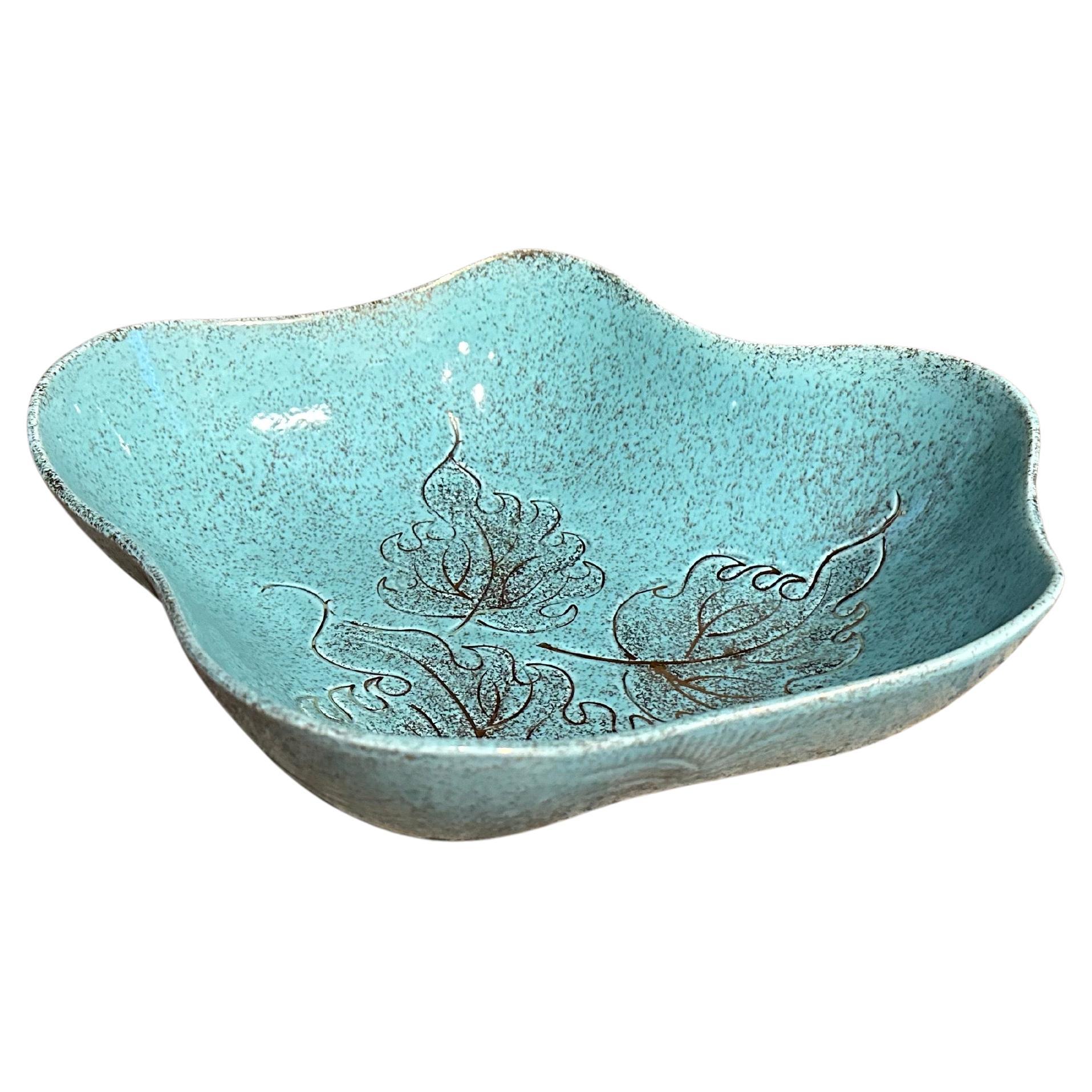 Mid-Century Vintage California Pottery Bol aqua et moucheté d'or avec bord doré