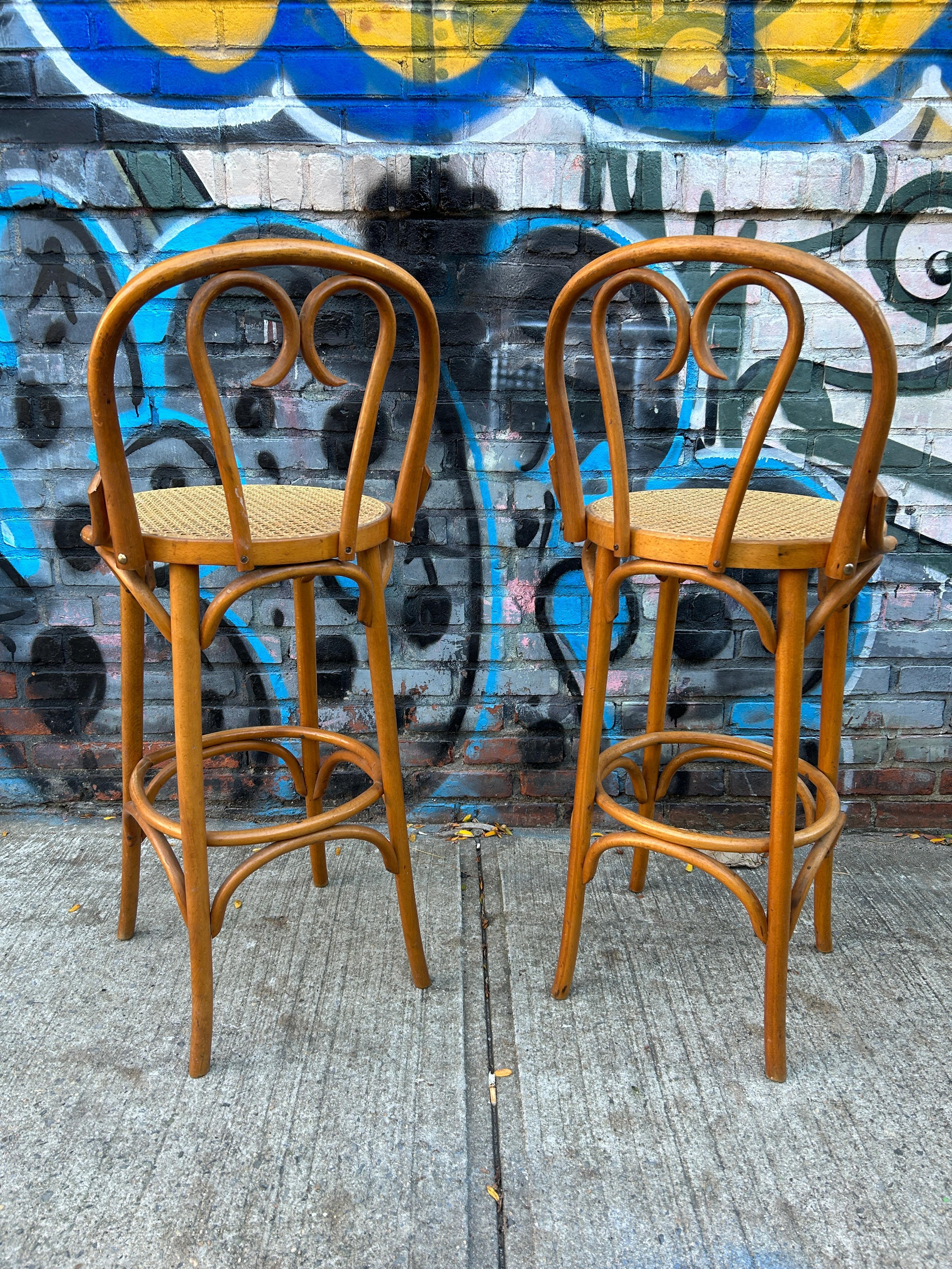 Polish Mid Century Vintage Cane Round Bar Height Stools by Thonet