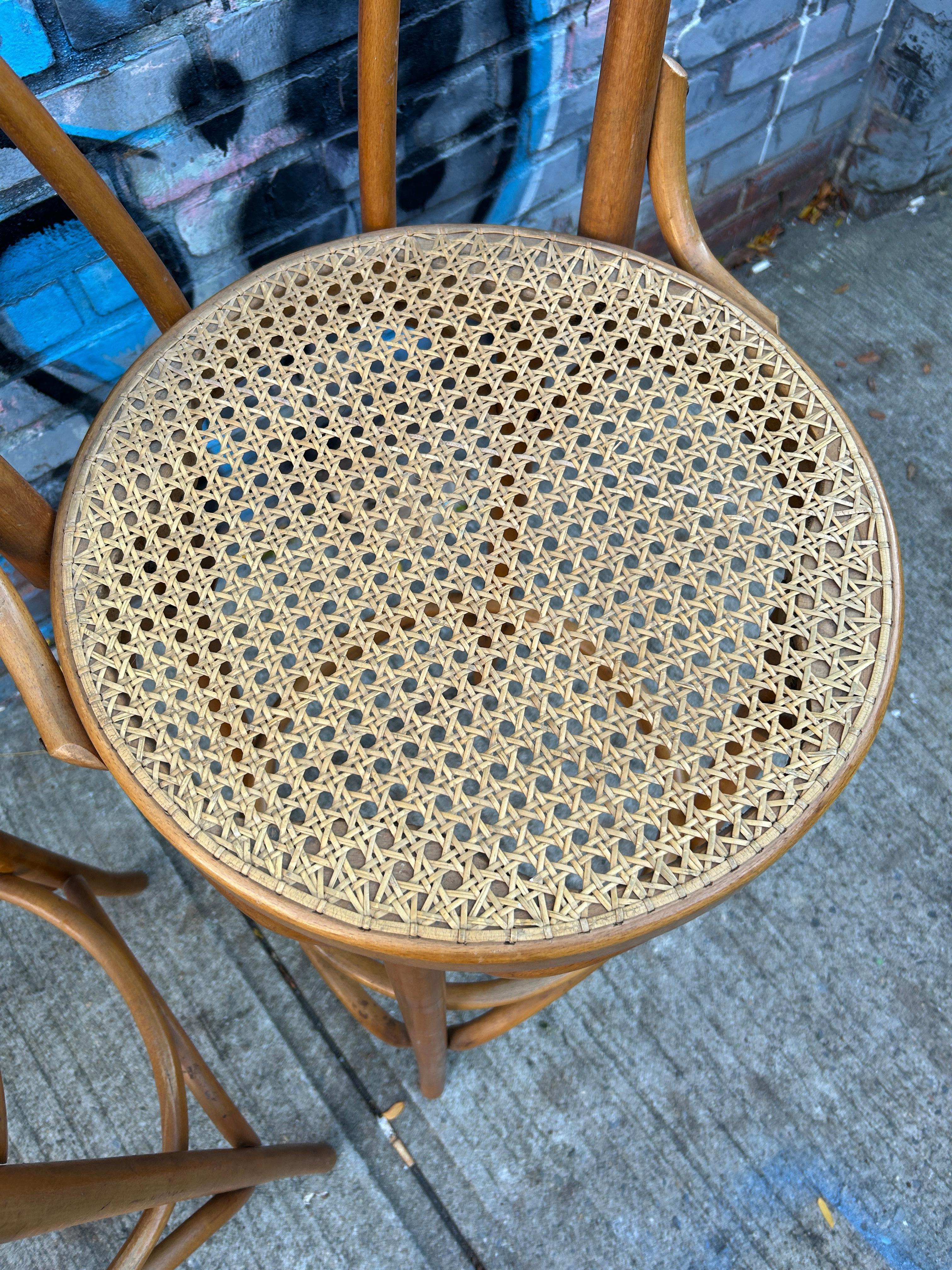 Woodwork Mid Century Vintage Cane Round Bar Height Stools by Thonet