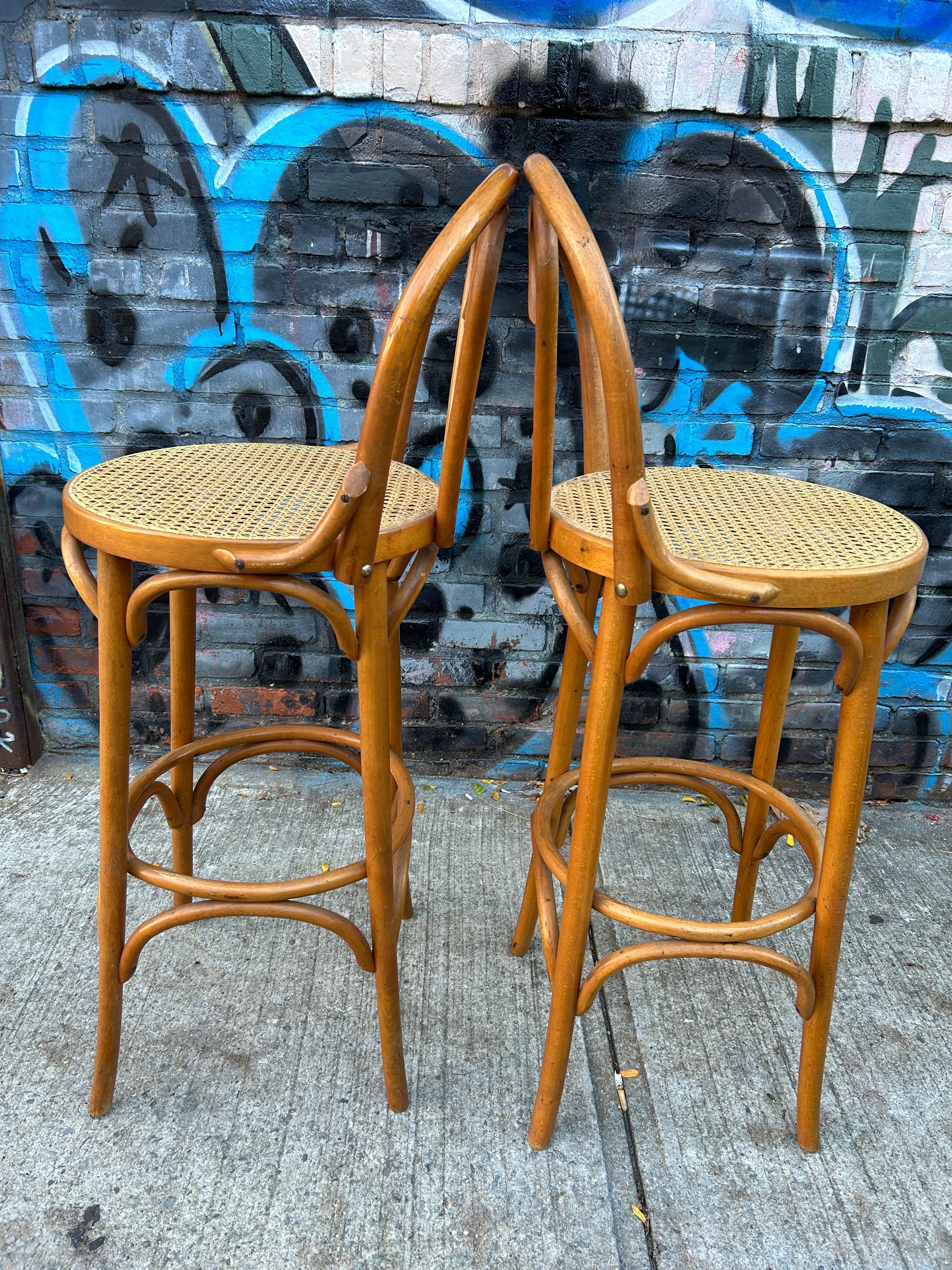 20th Century Mid Century Vintage Cane Round Bar Height Stools by Thonet