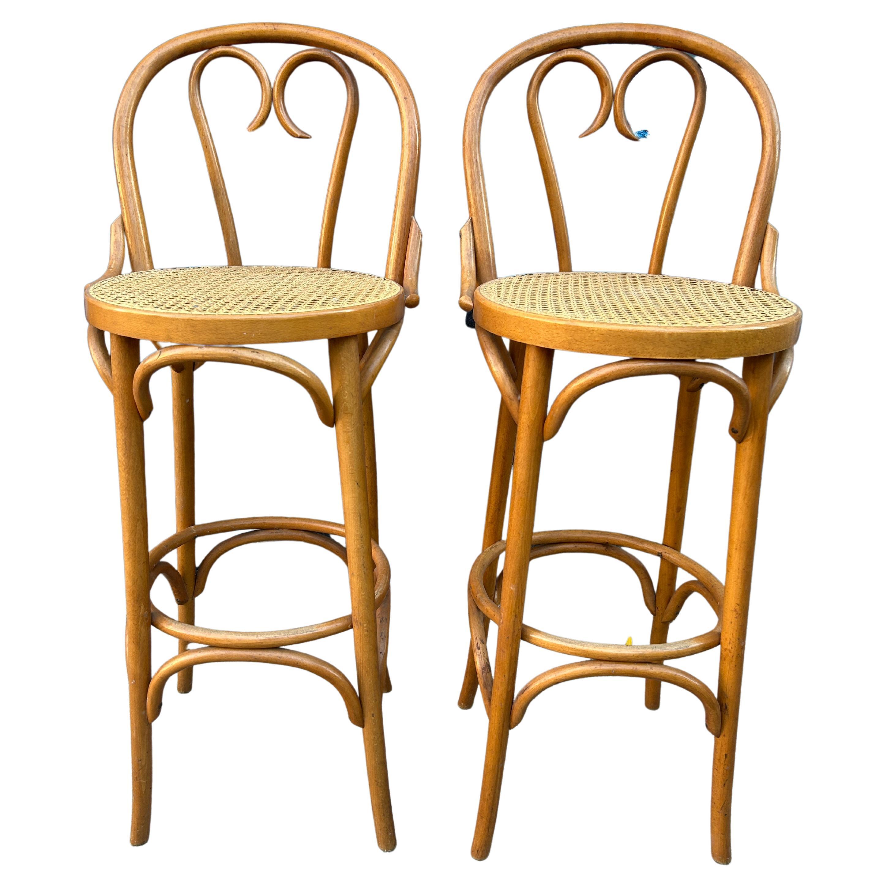 Mid Century Vintage Cane Round Bar Height Stools by Thonet