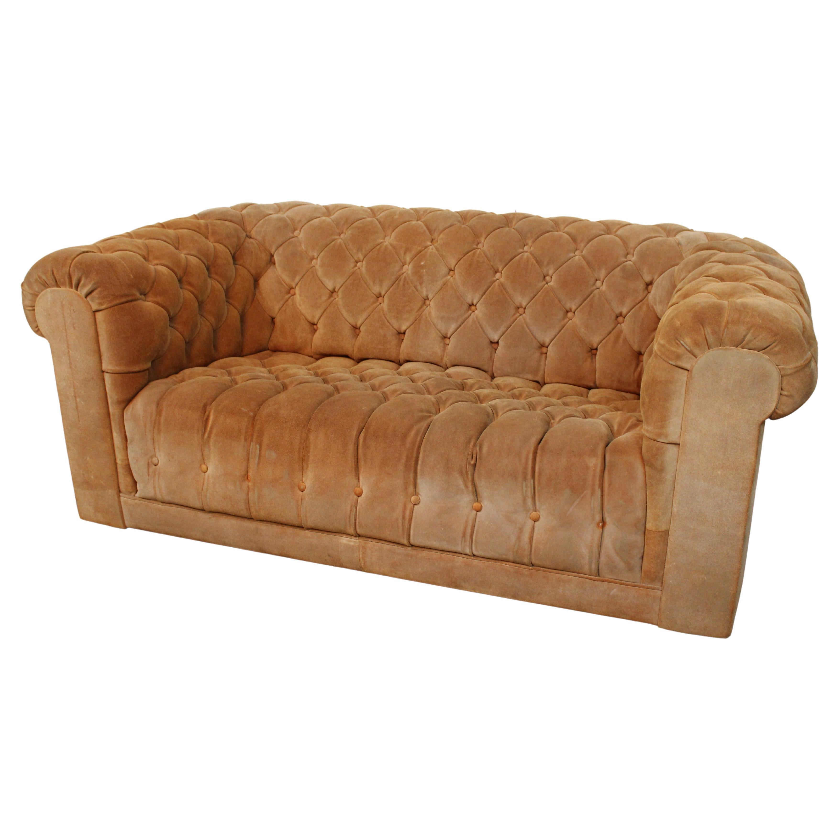 Mid-Century Vintage Caramel Suede Chesterfield Sofa For Sale