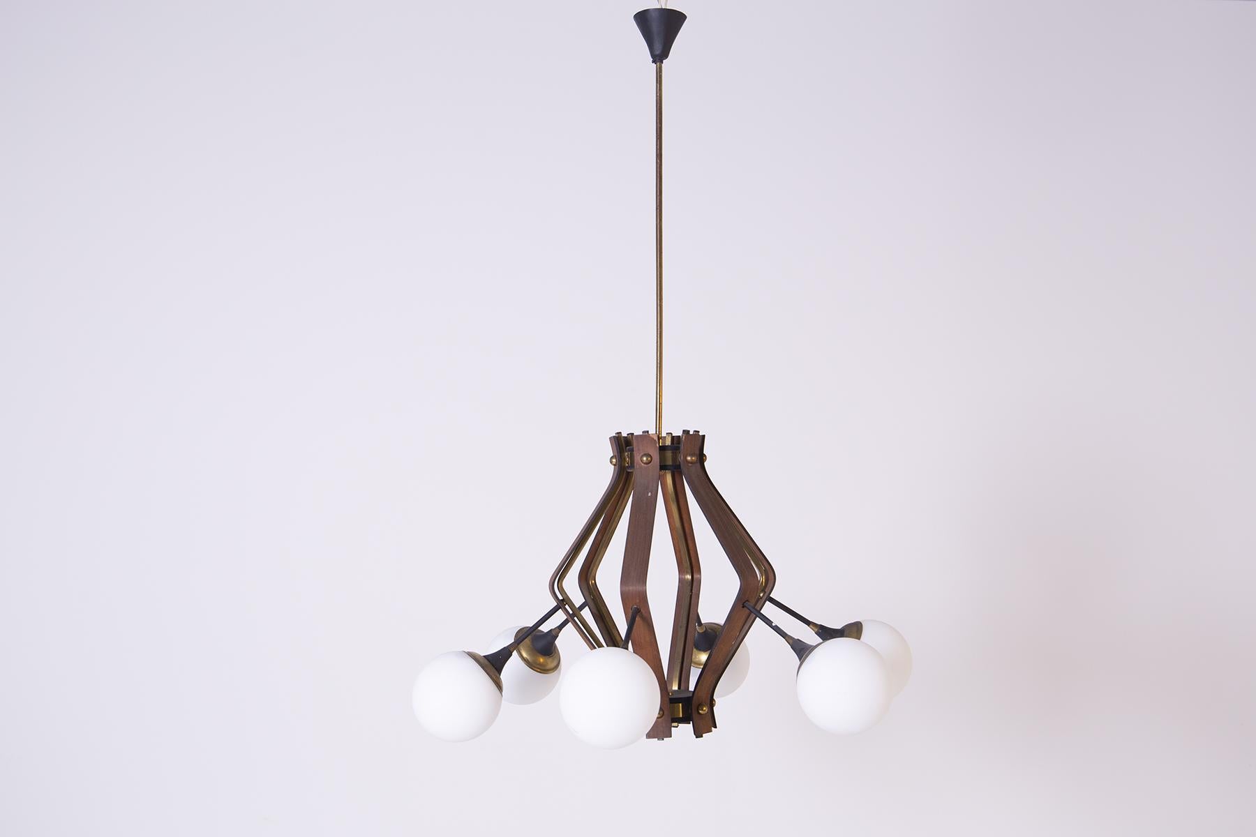 Mid-Century Modern Mid Century Vintage Ceiling Chandelier in Wood Brass and Glass
