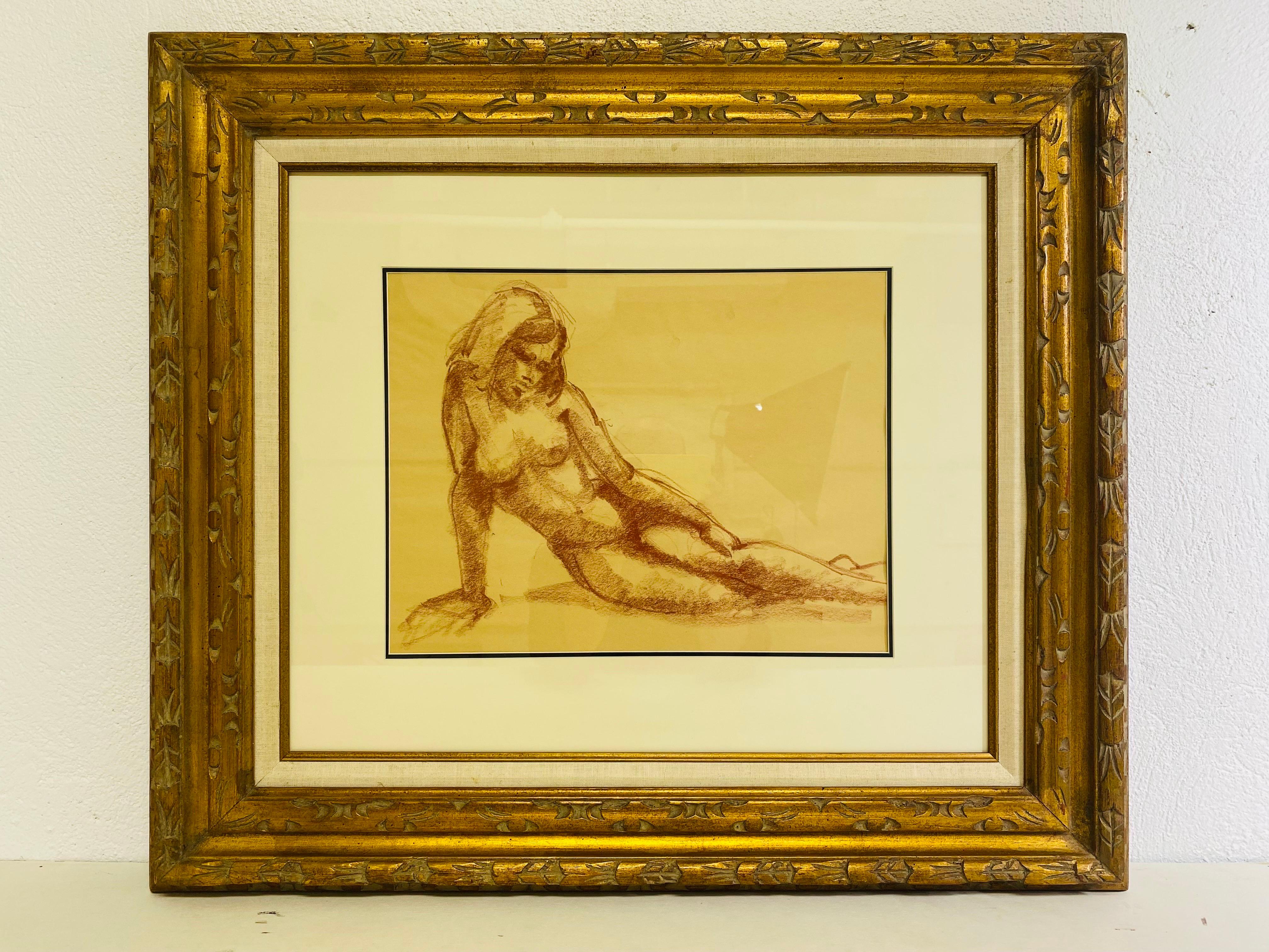 Hand-Crafted Mid century vintage charcoal on paper female nude study. For Sale